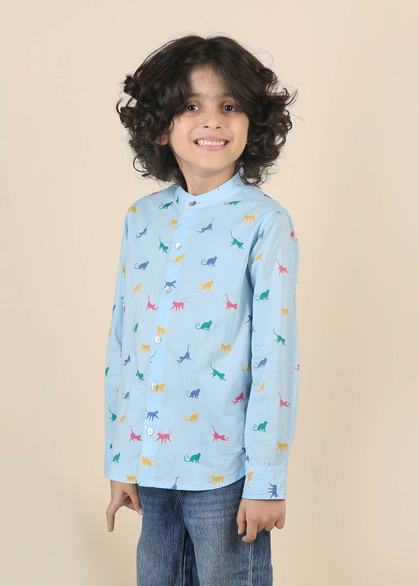 Monkey Print Cotton Shirt – Blue (6M–12 Yrs)