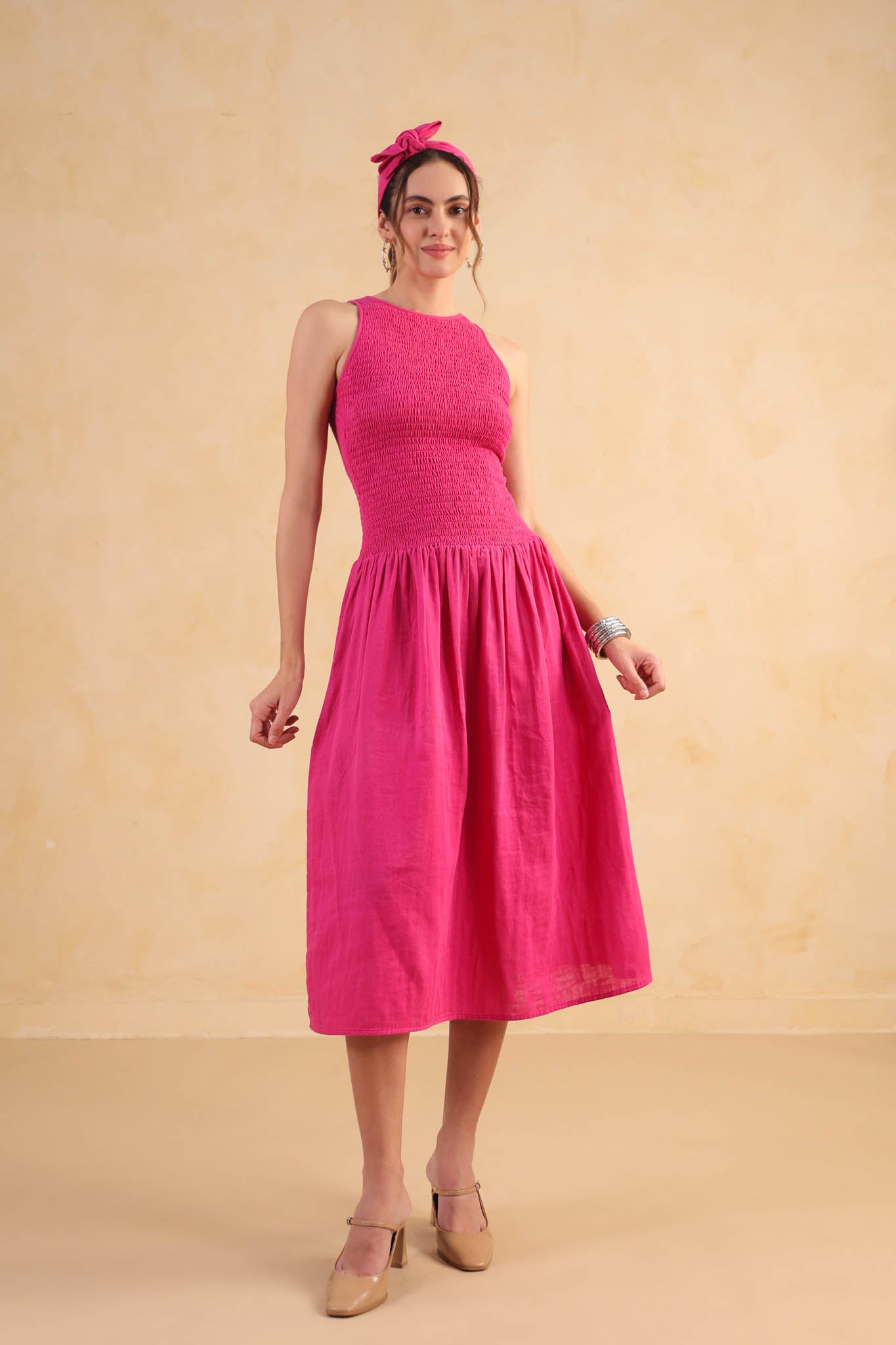 Smocked Drop Waist Dress-Fuchsia
