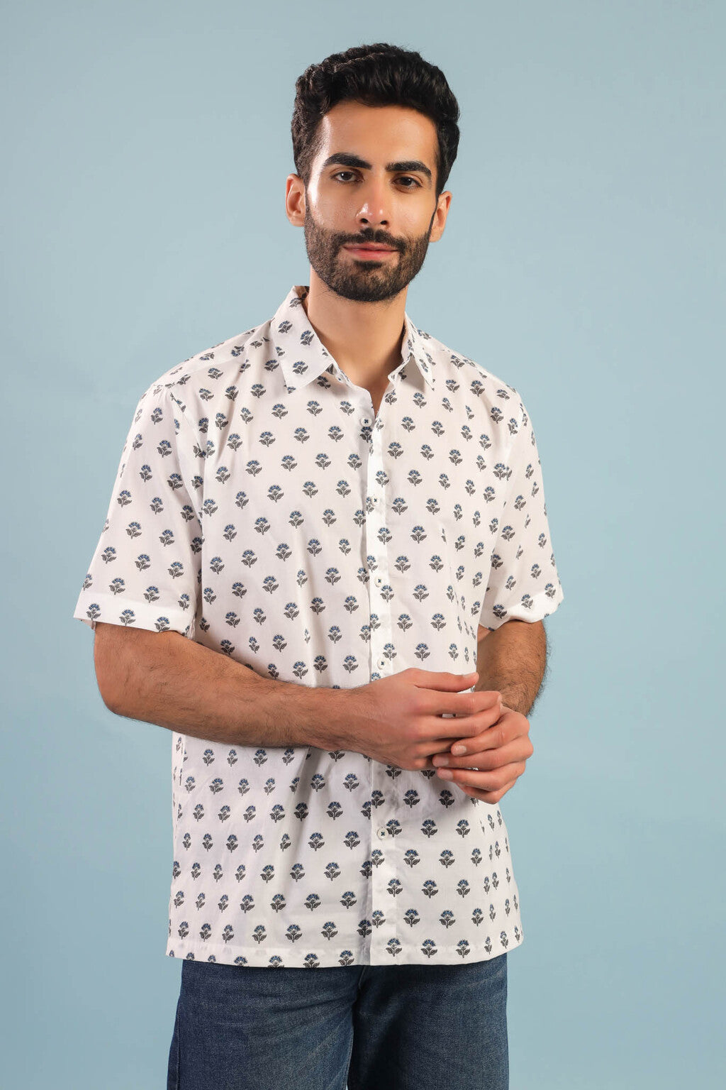 Floral Buti Cotton Shirt – White/Blue
