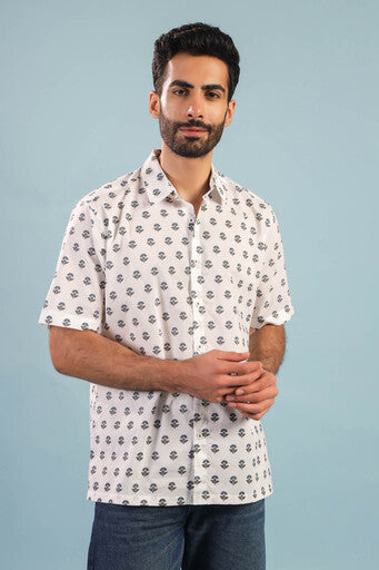 Floral Buti Cotton Shirt – White/Blue