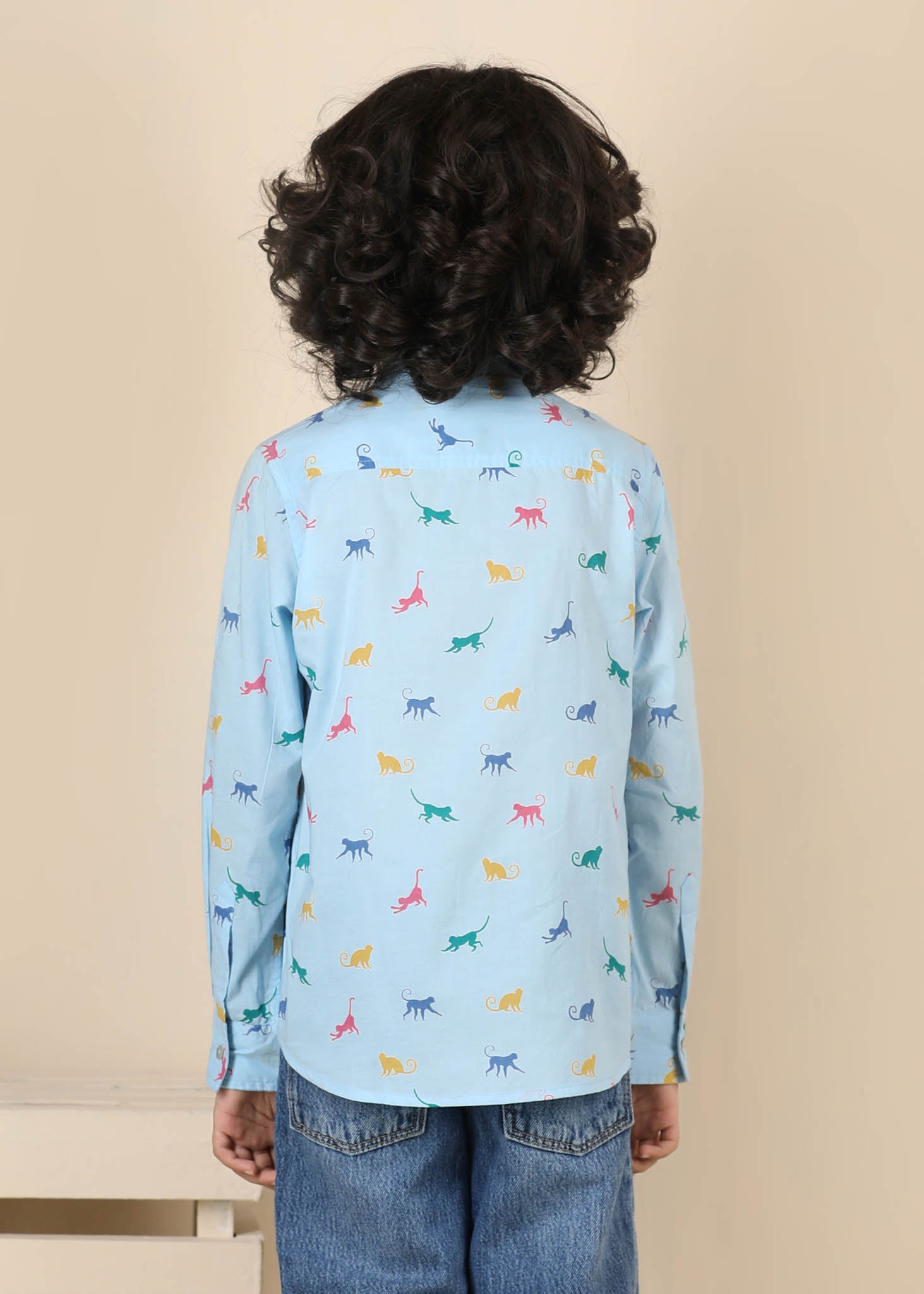 Monkey Print Cotton Shirt – Blue (6M–12 Yrs)