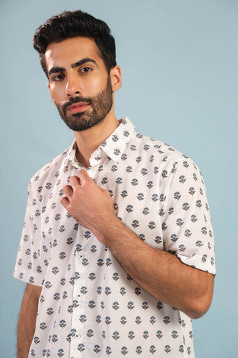 Floral Buti Cotton Shirt – White/Blue
