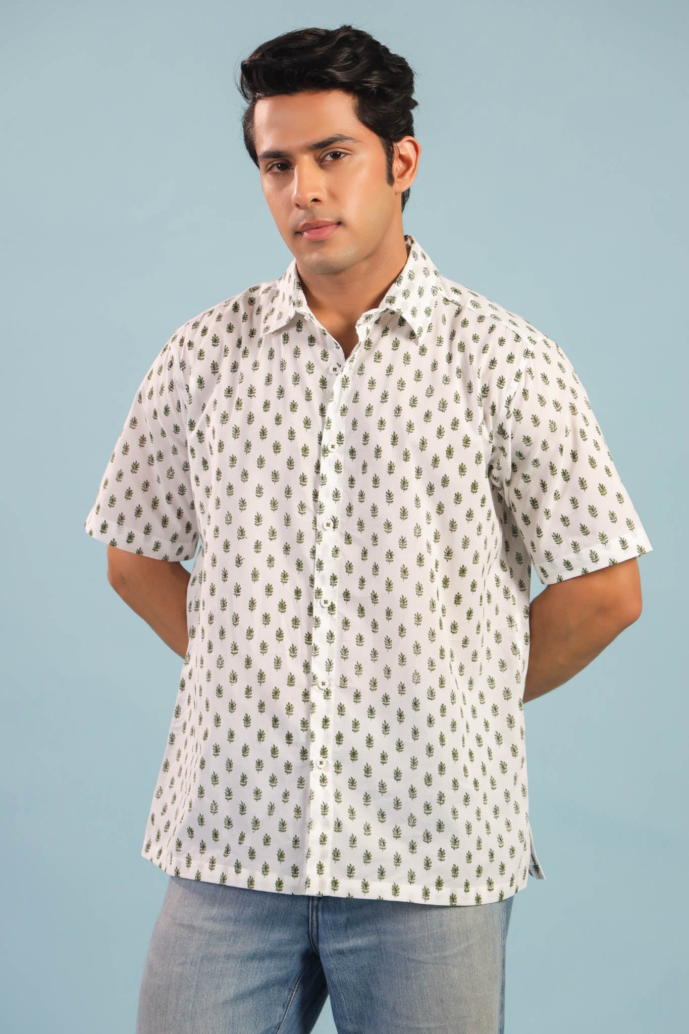 Bagh Bahar Buti Cotton Shirt- White/Green