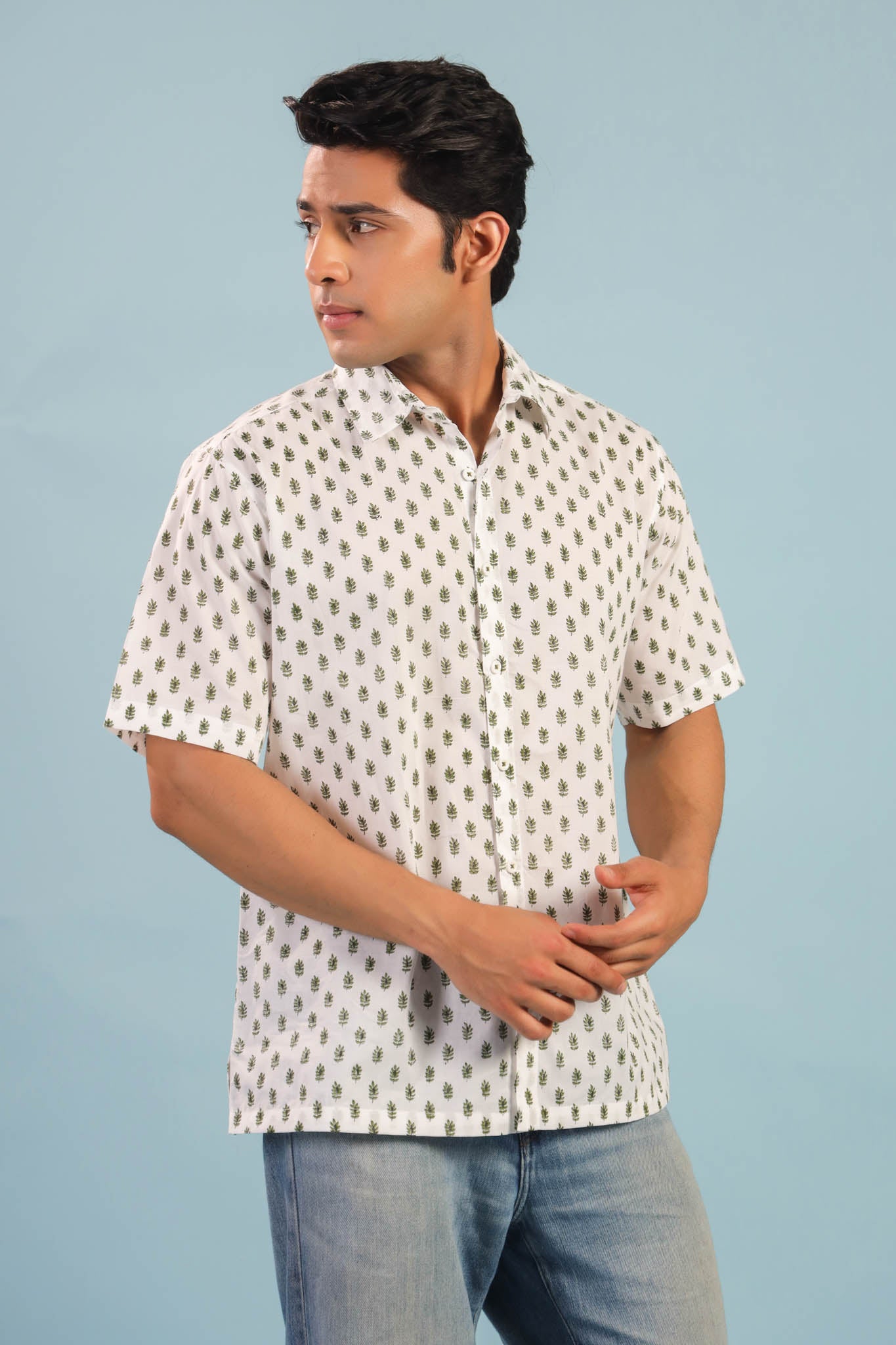 Bagh Bahar Buti Cotton Shirt- White/Green
