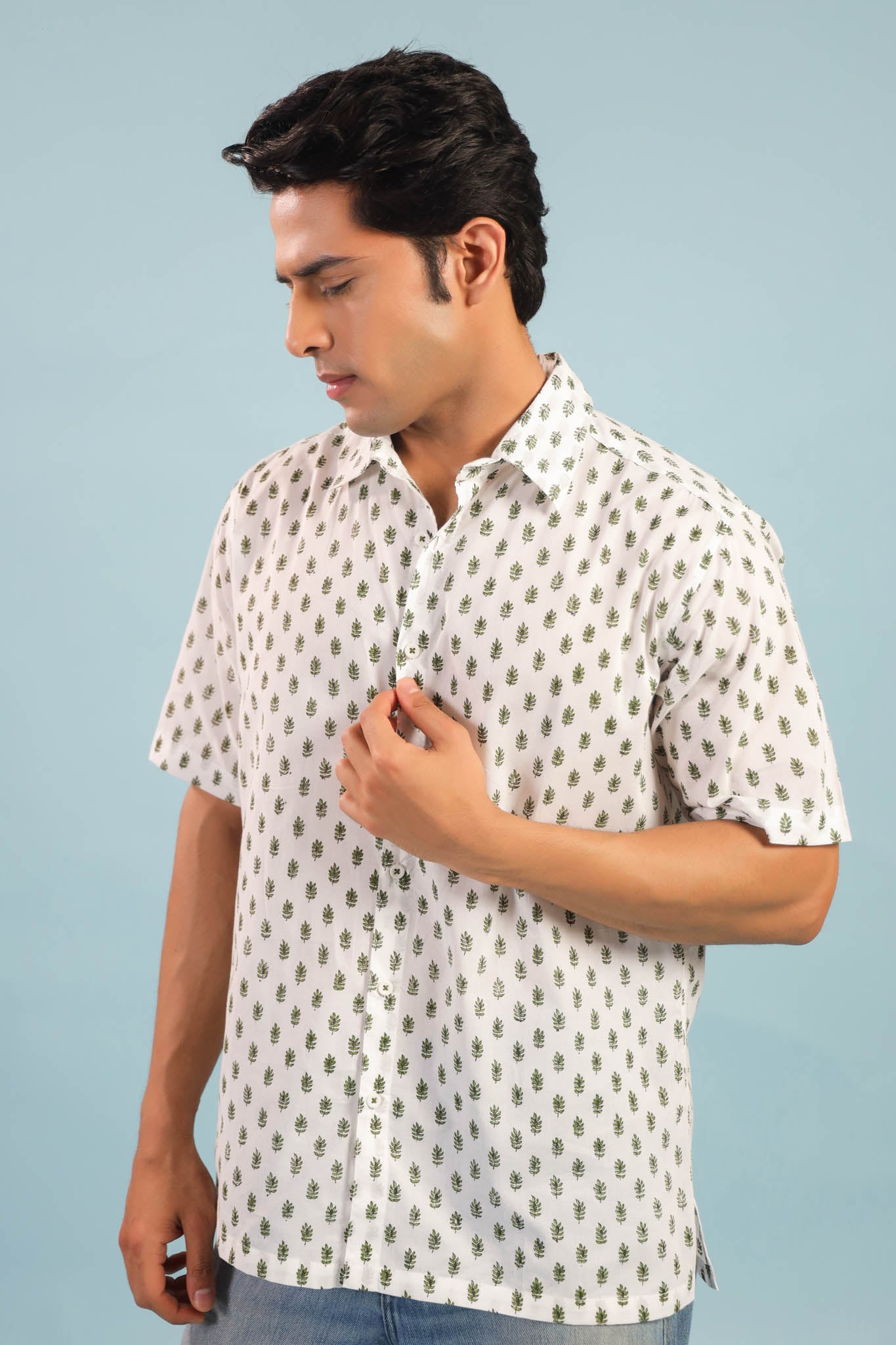 Bagh Bahar Buti Cotton Shirt- White/Green