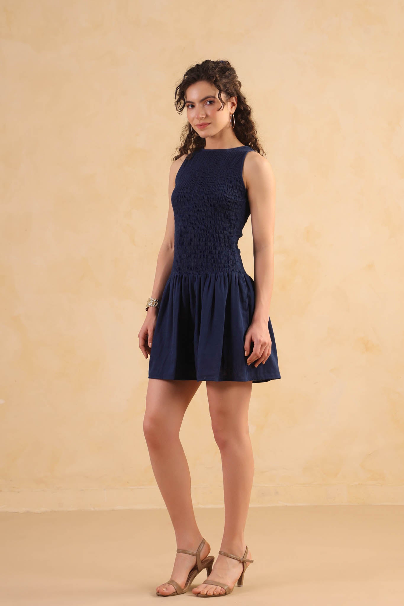 Smocked Drop Waist Dress-Navy Blue