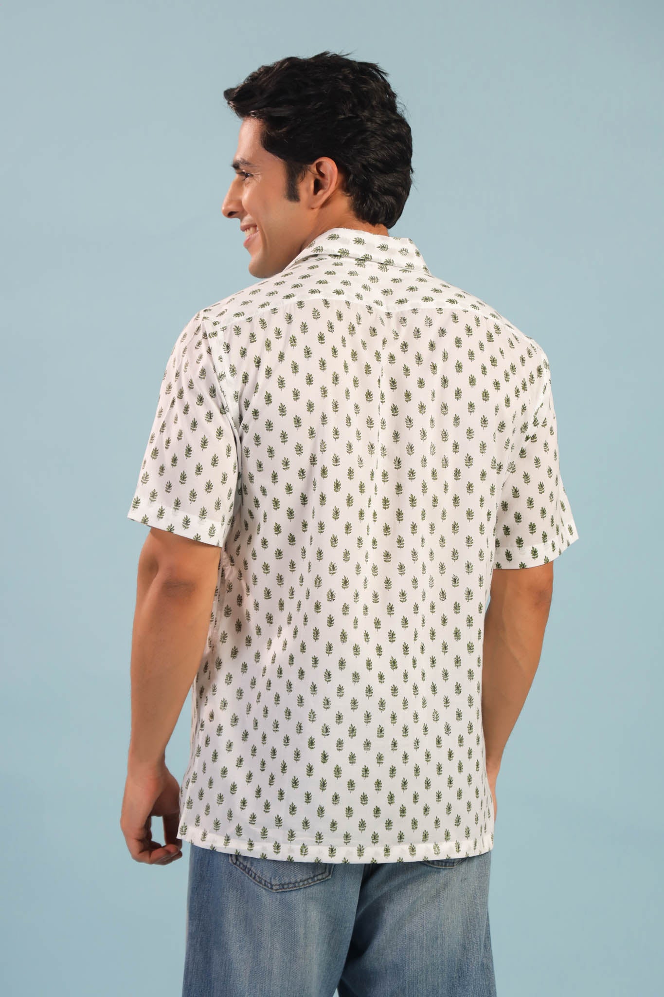 Bagh Bahar Buti Cotton Shirt- White/Green