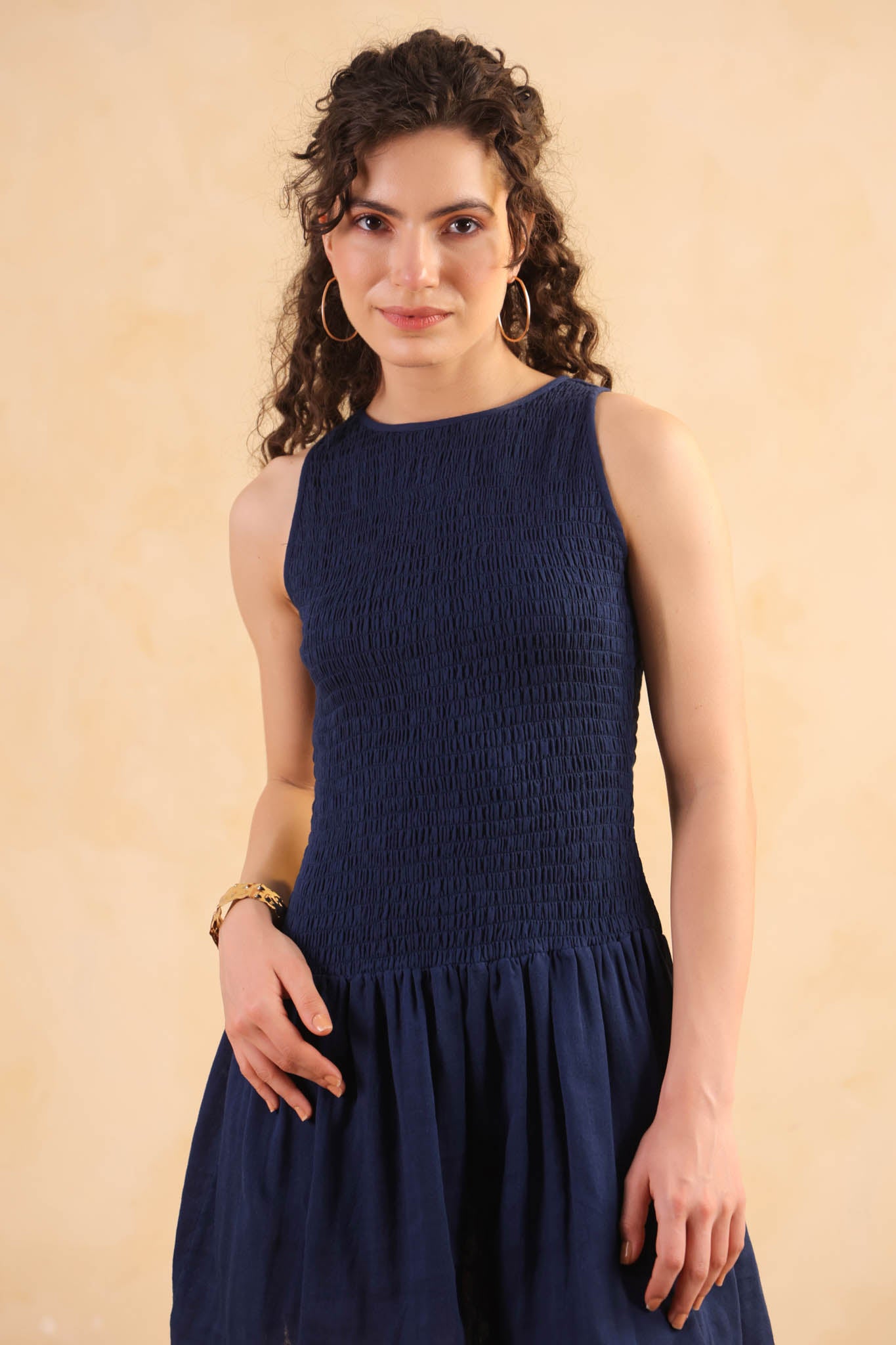 Smocked Drop Waist Dress-Navy Blue