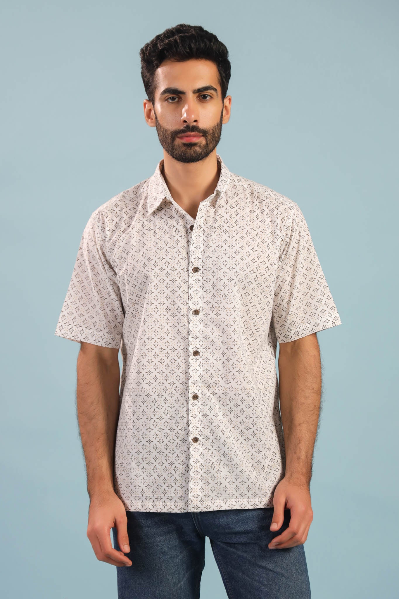 Star Rhombus Buti Cotton Shirt- Beige/ Brown