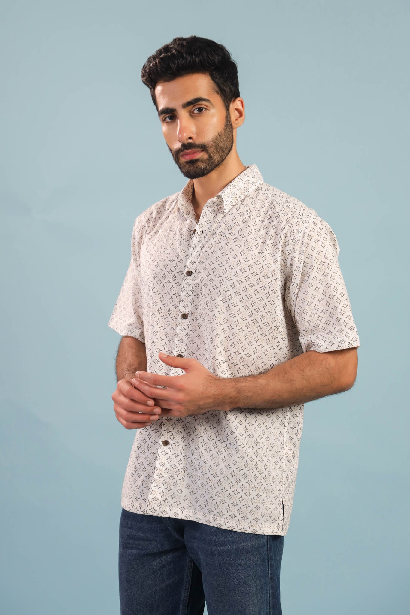 Star Rhombus Buti Cotton Shirt- Beige/ Brown