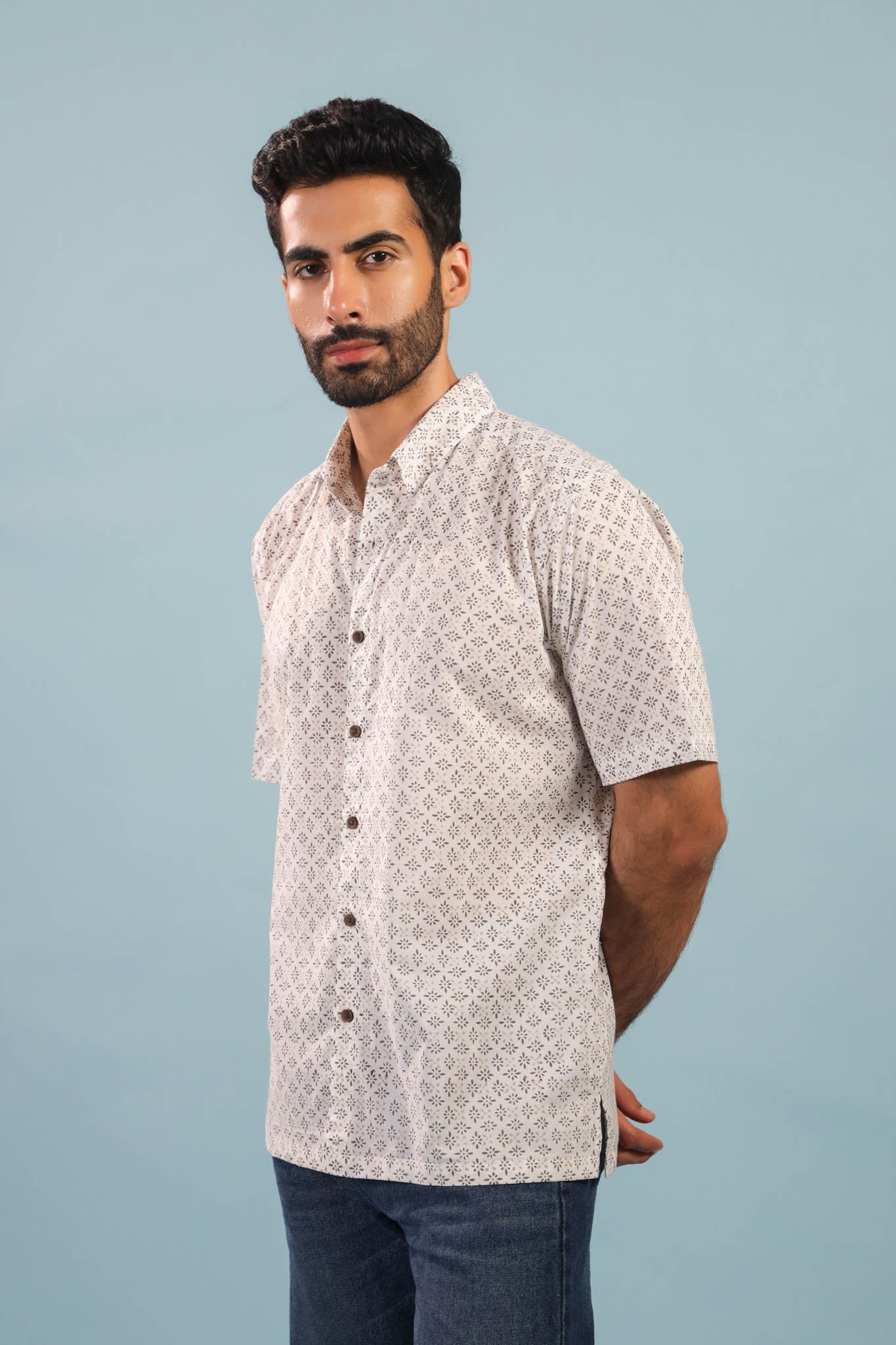 Star Rhombus Buti Cotton Shirt- Beige/ Brown