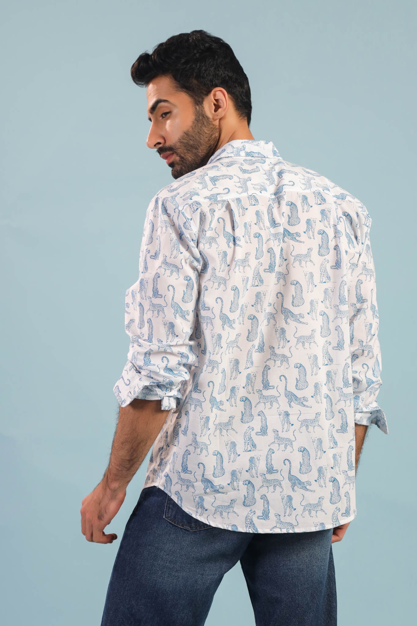 Leopard Print Cotton Shirt - White/ Ice blue