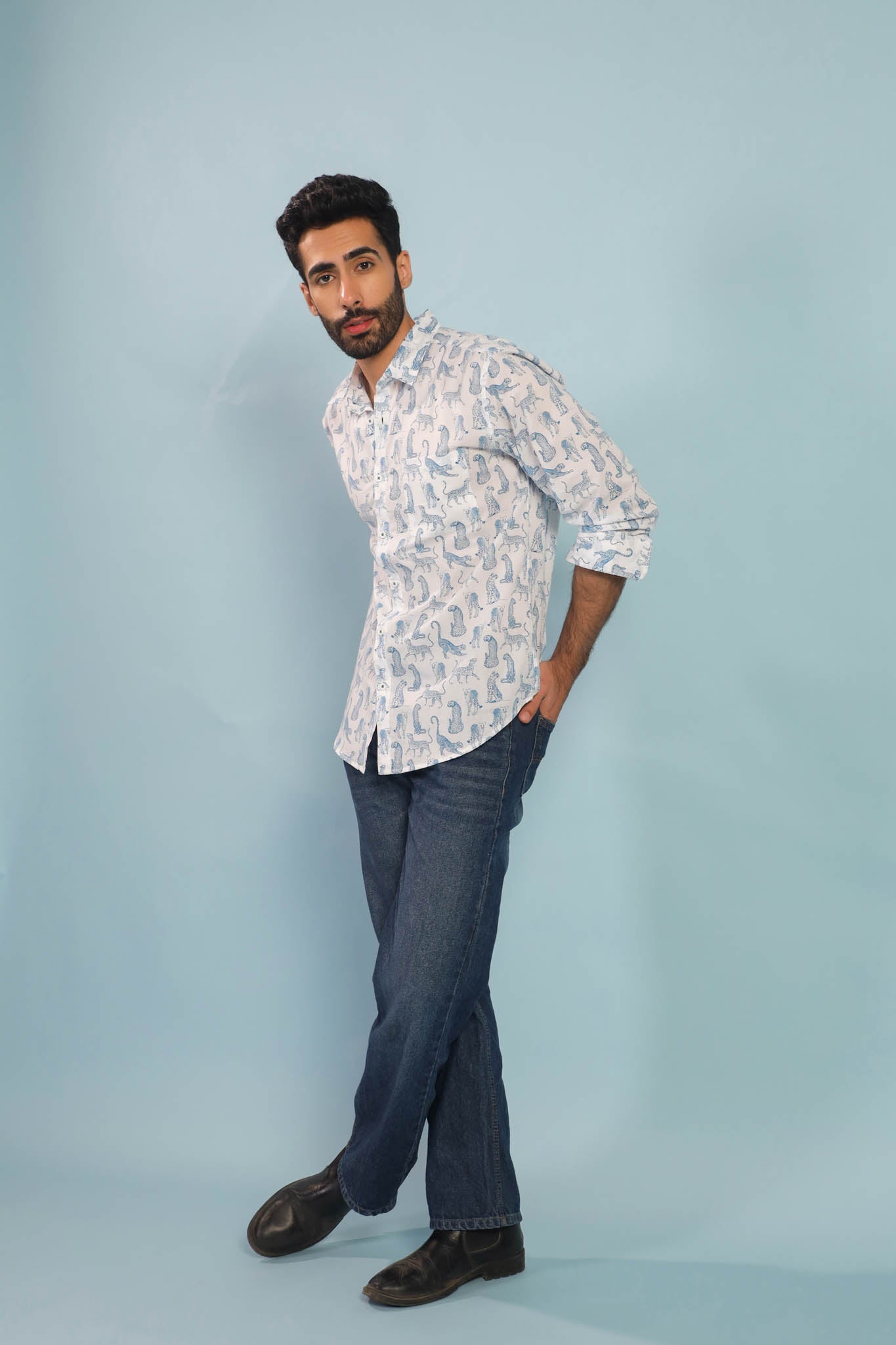 Leopard Print Cotton Shirt - White/ Ice blue