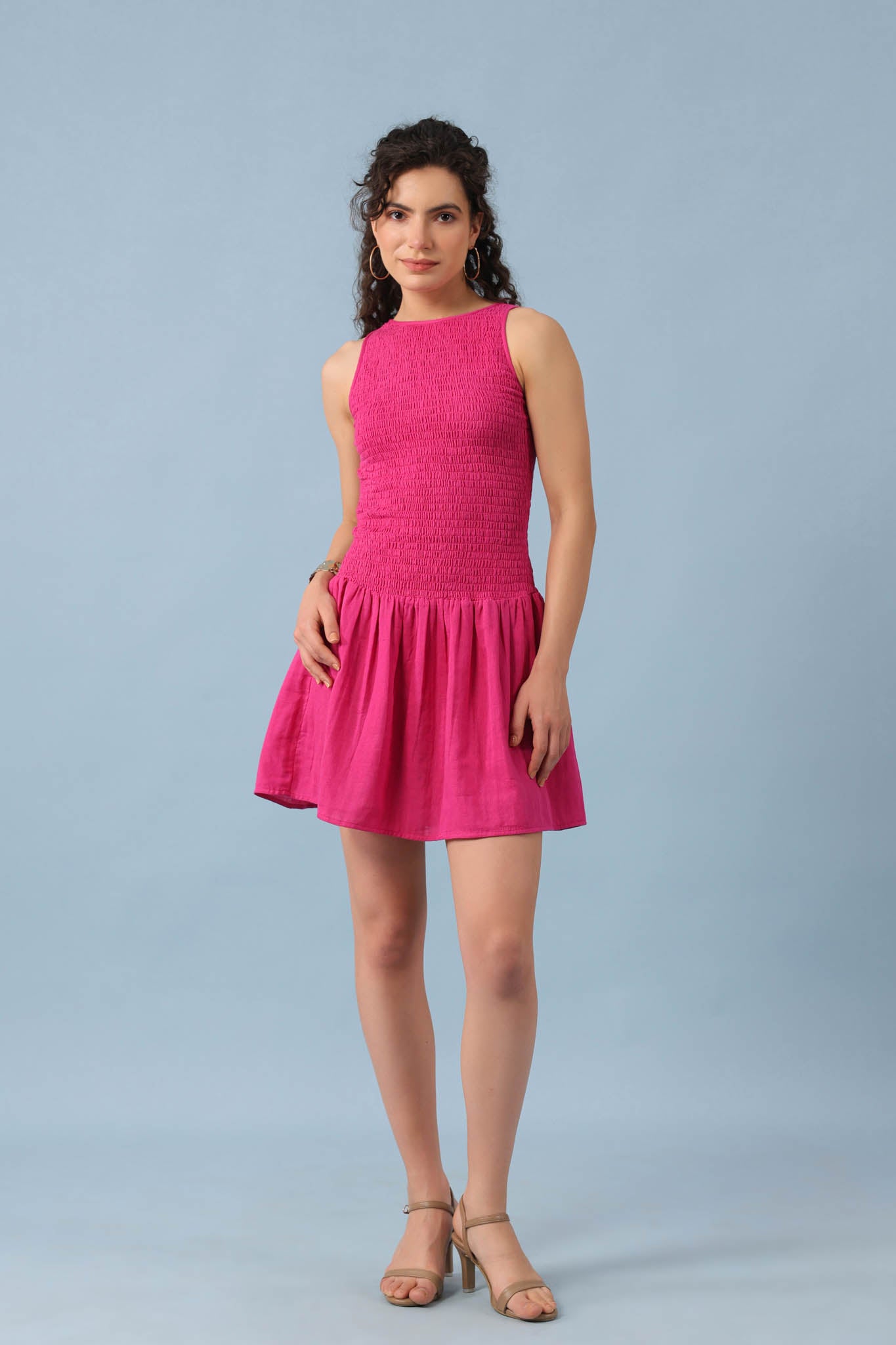 Smocked Drop Waist Dress-Fuchsia