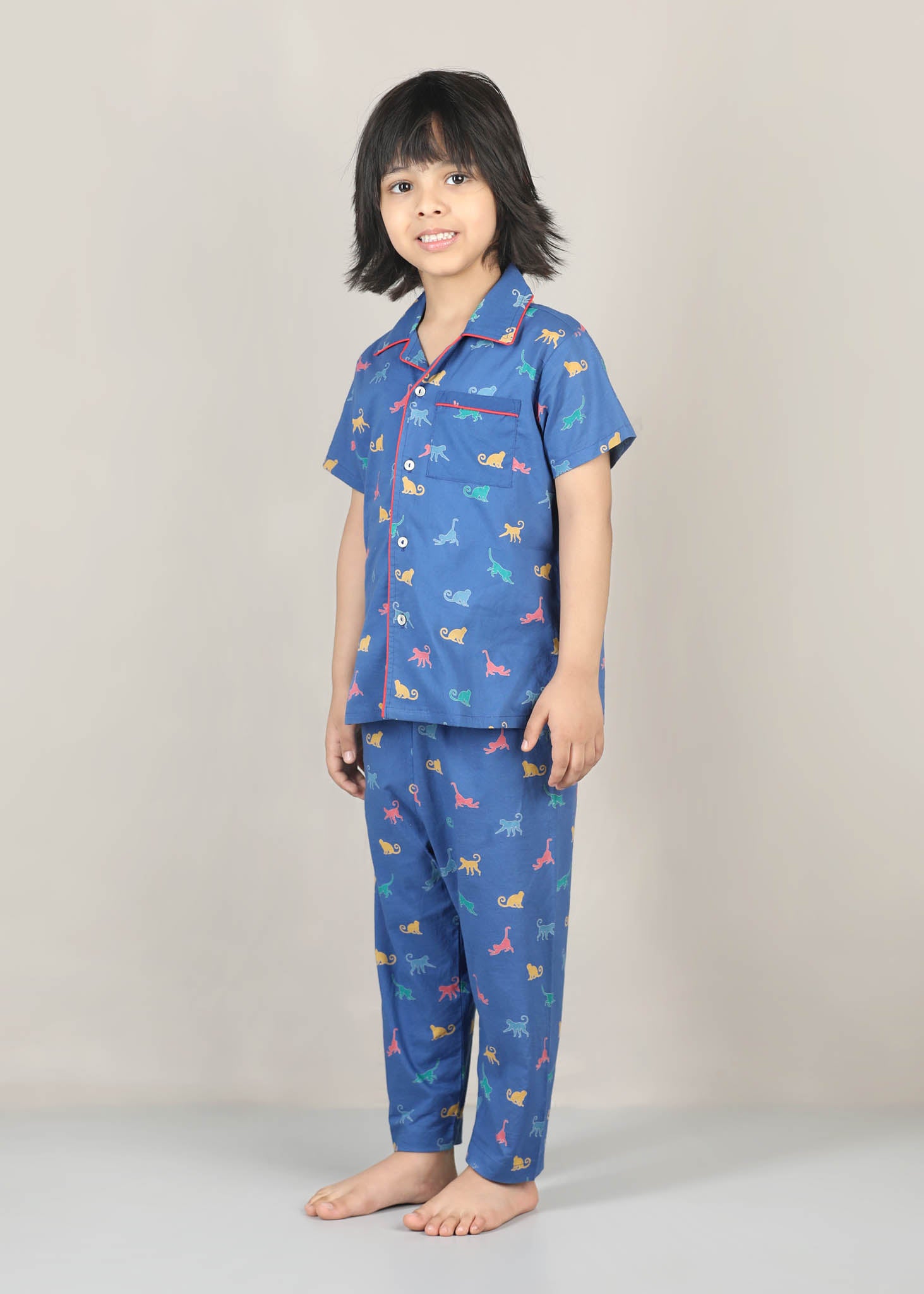 Monkey Print Cotton Night Suit – Blue (1–12 Yrs)