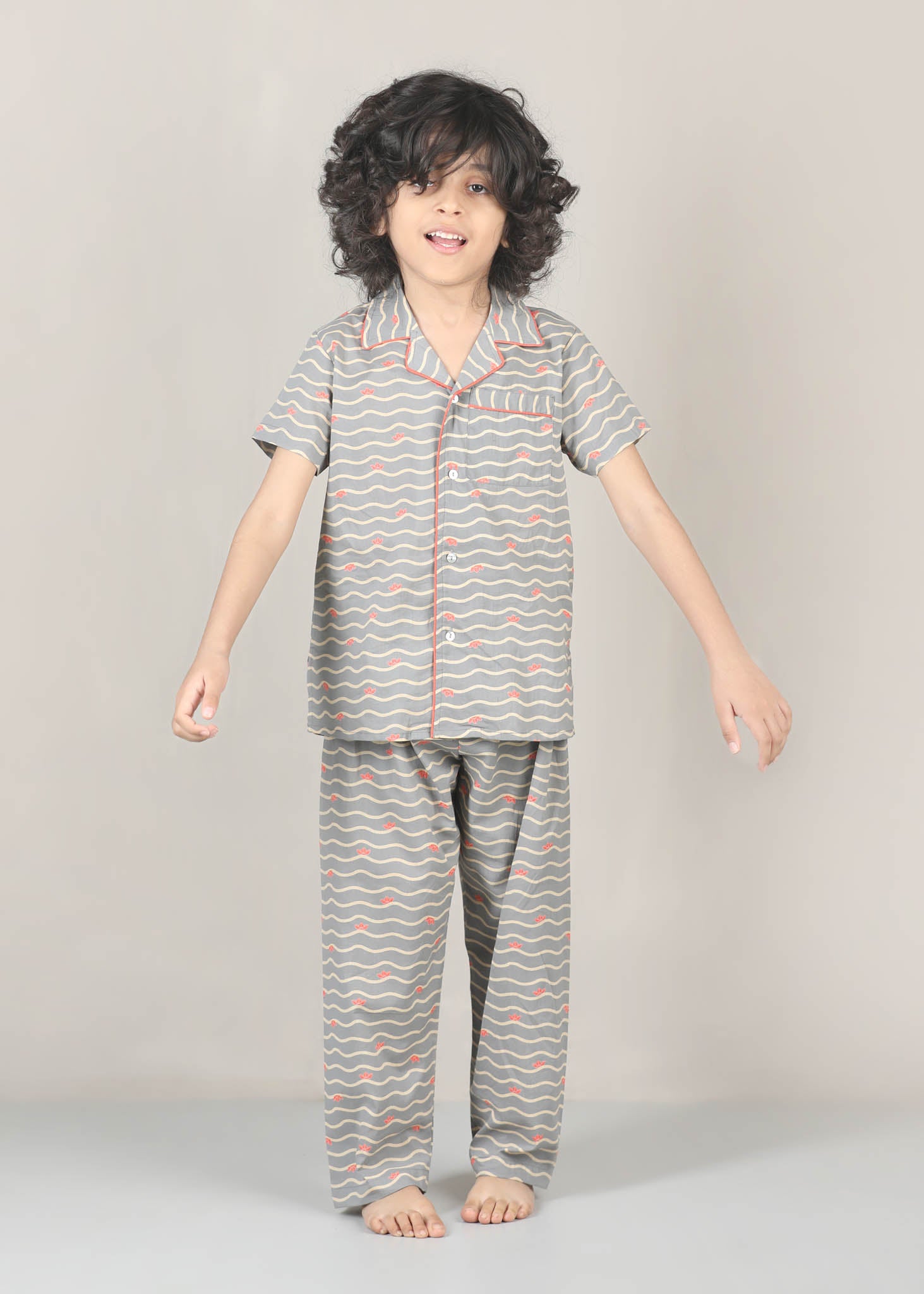 Paperboat Print Cotton Night Suit – Grey (1–12 Yrs)