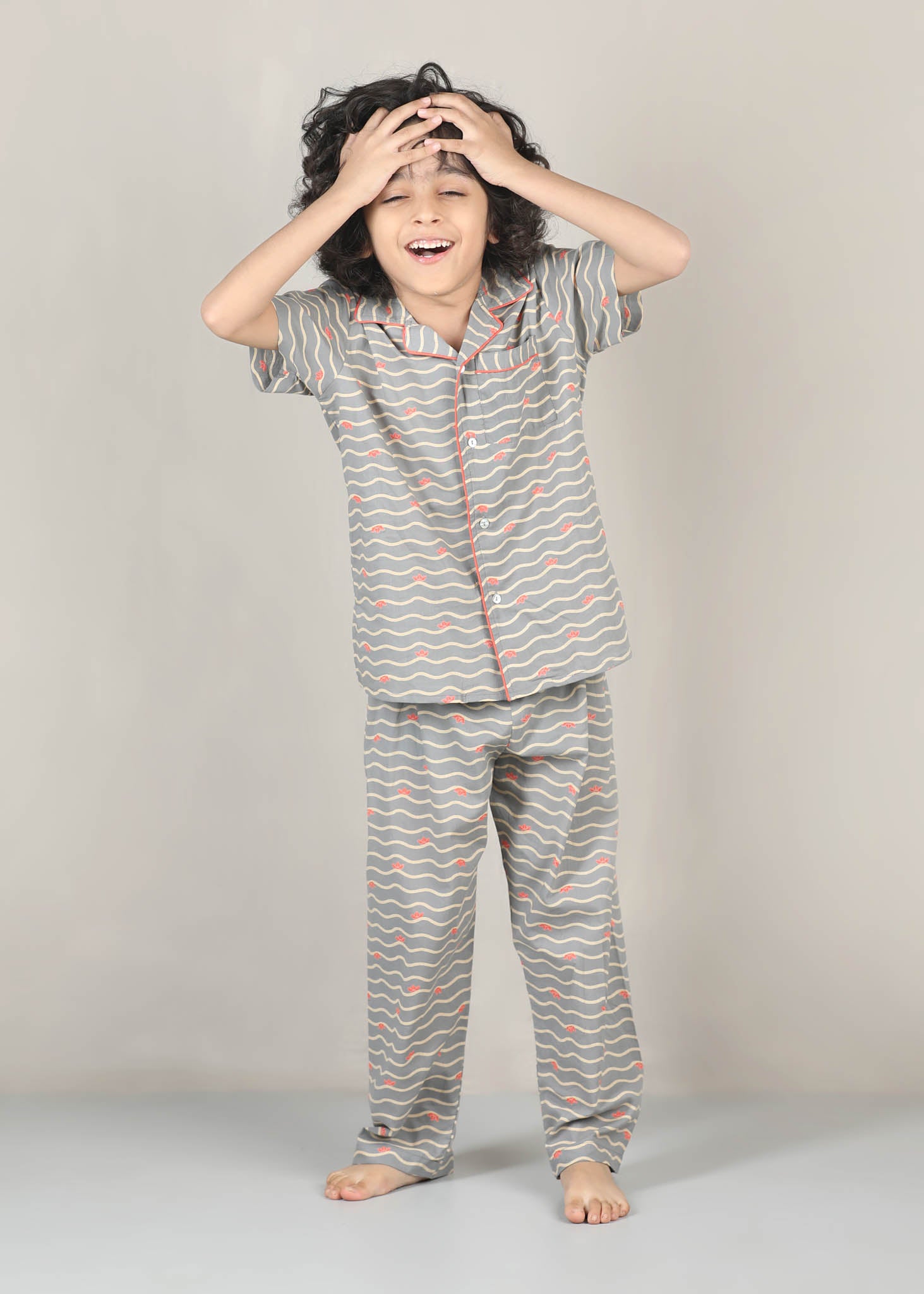 Paperboat Print Cotton Night Suit – Grey (1–12 Yrs)