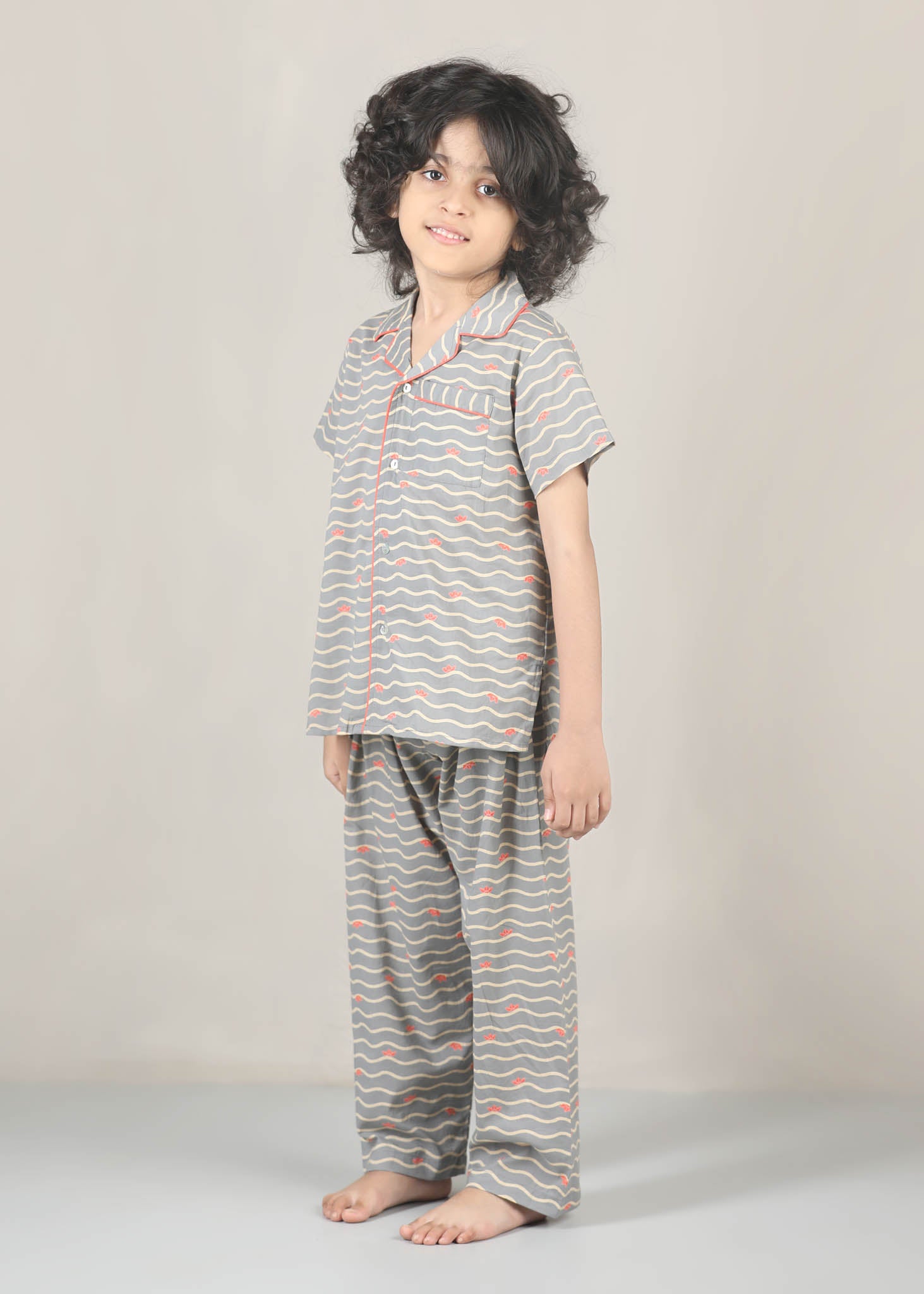 Paperboat Print Cotton Night Suit – Grey (1–12 Yrs)