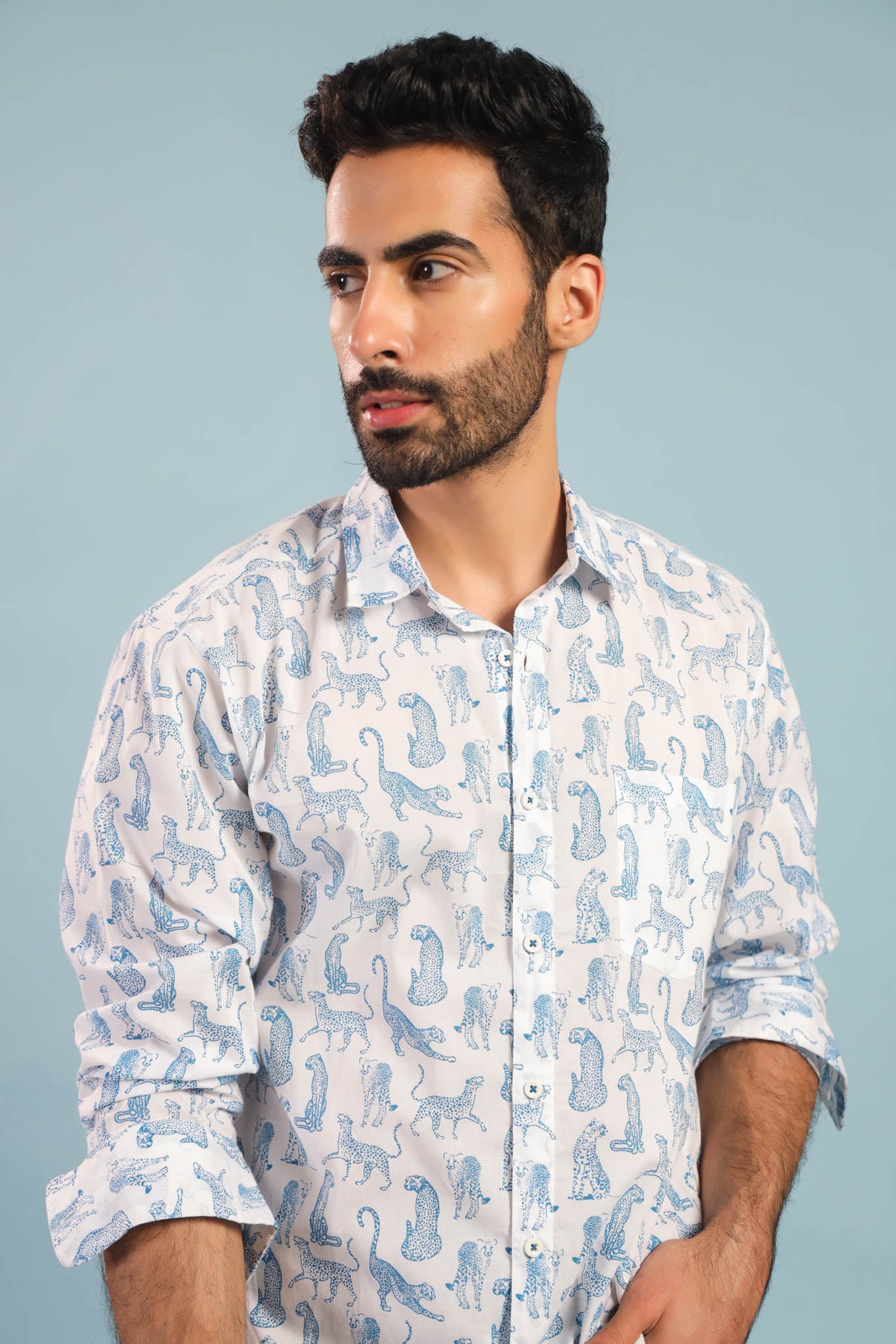 Leopard Print Cotton Shirt - White/ Ice blue