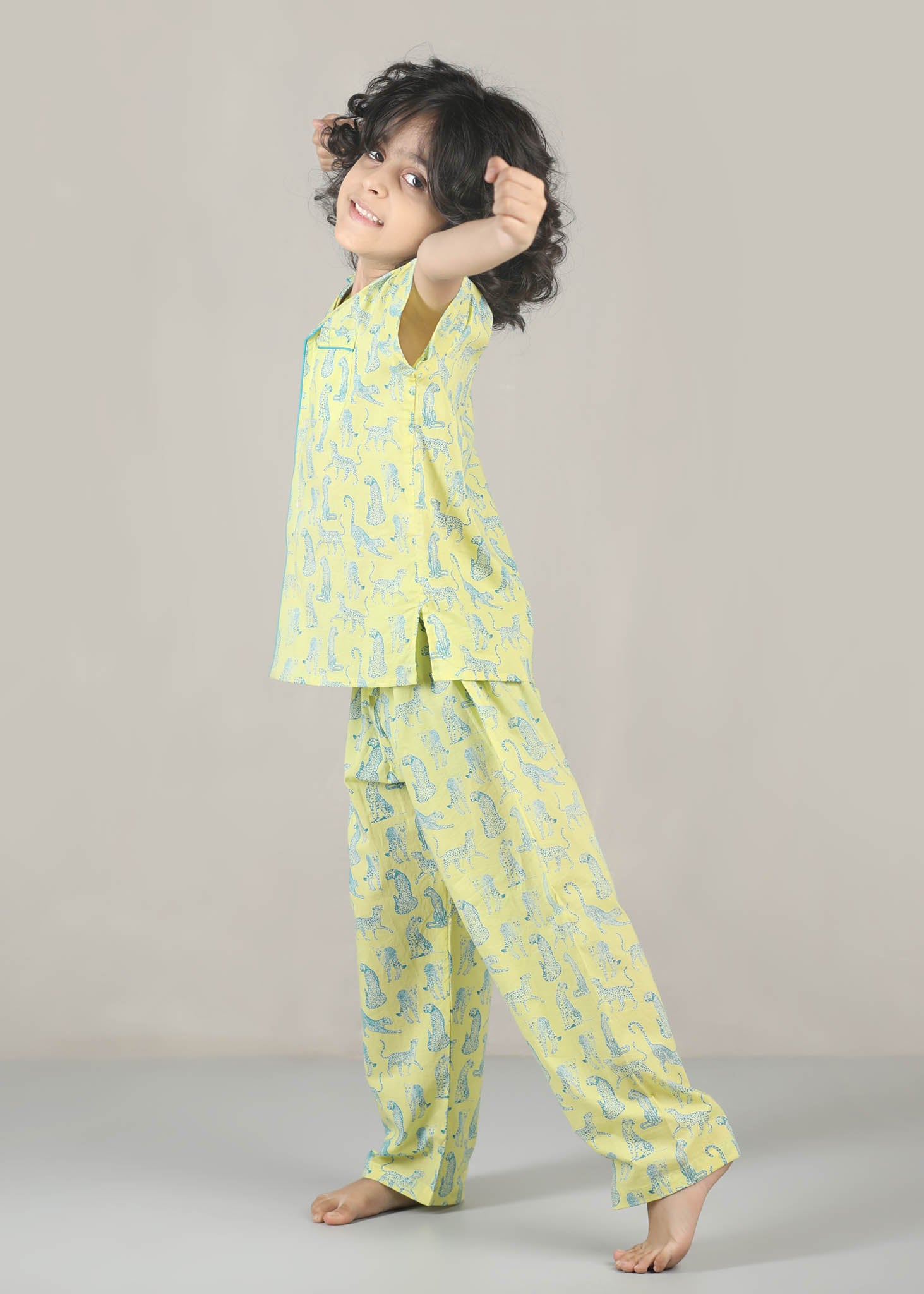 Leopard Print Cotton Night Suit – Yellow (1–12 Yrs)