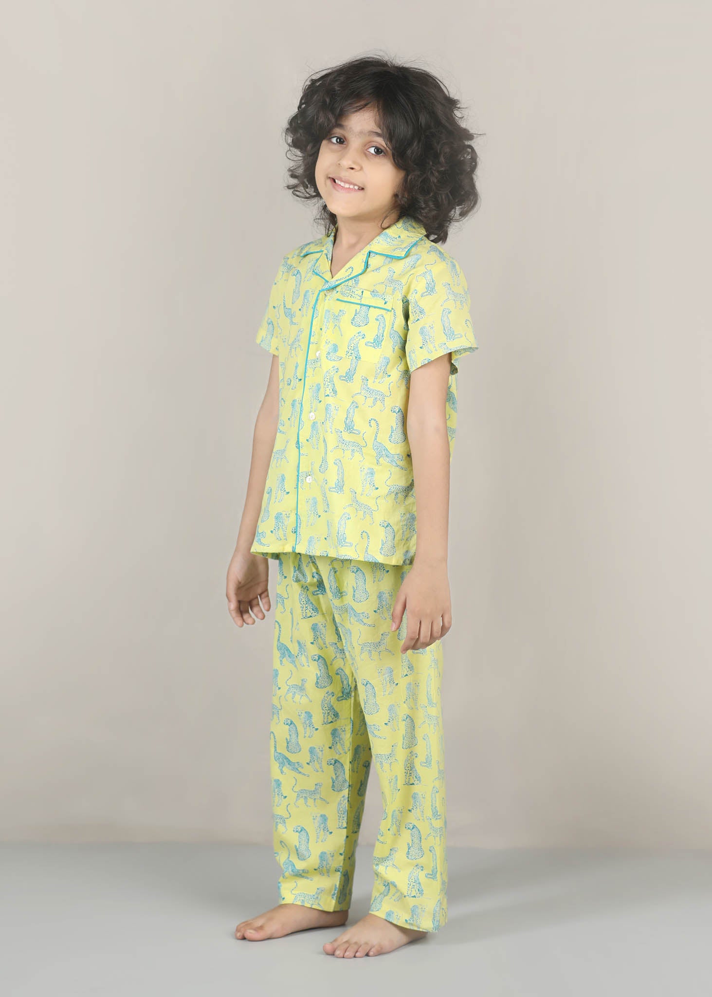 Leopard Print Cotton Night Suit – Yellow (1–12 Yrs)