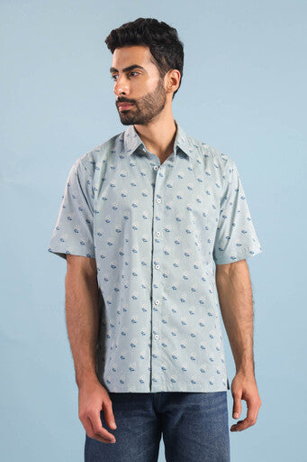 Floral Buti Cotton Shirt – Blue