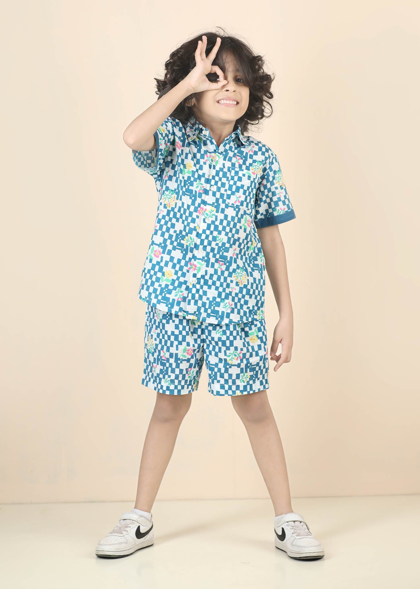 Flower Grid Cotton Shorts – Blue (6M–12 Yrs)
