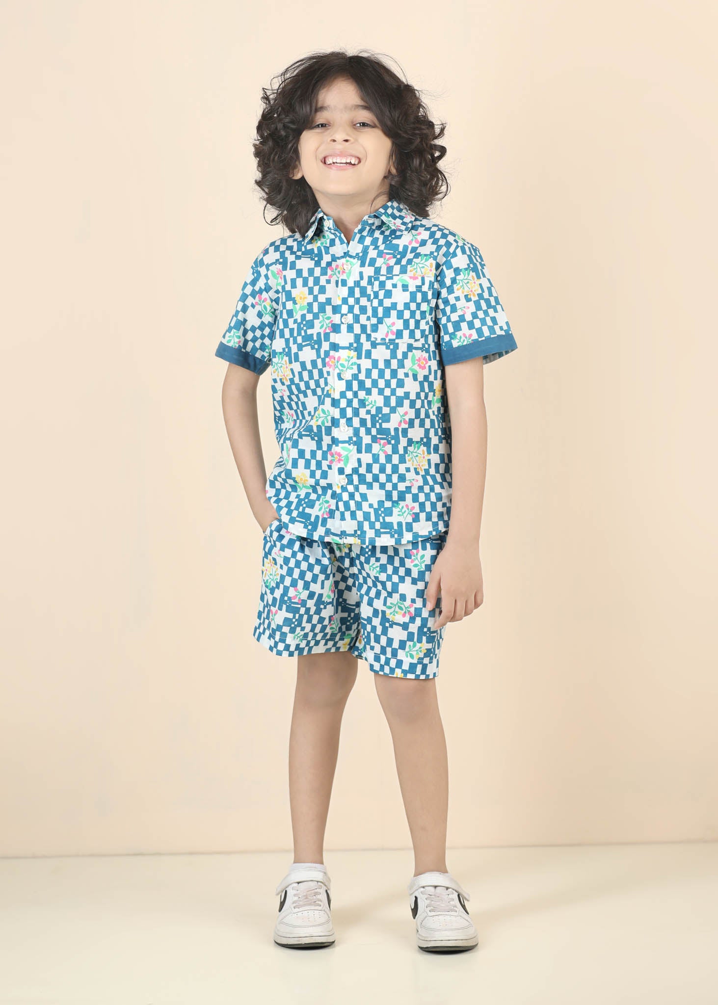 Flower Grid Cotton Shirt – Blue (6M–12 Yrs)
