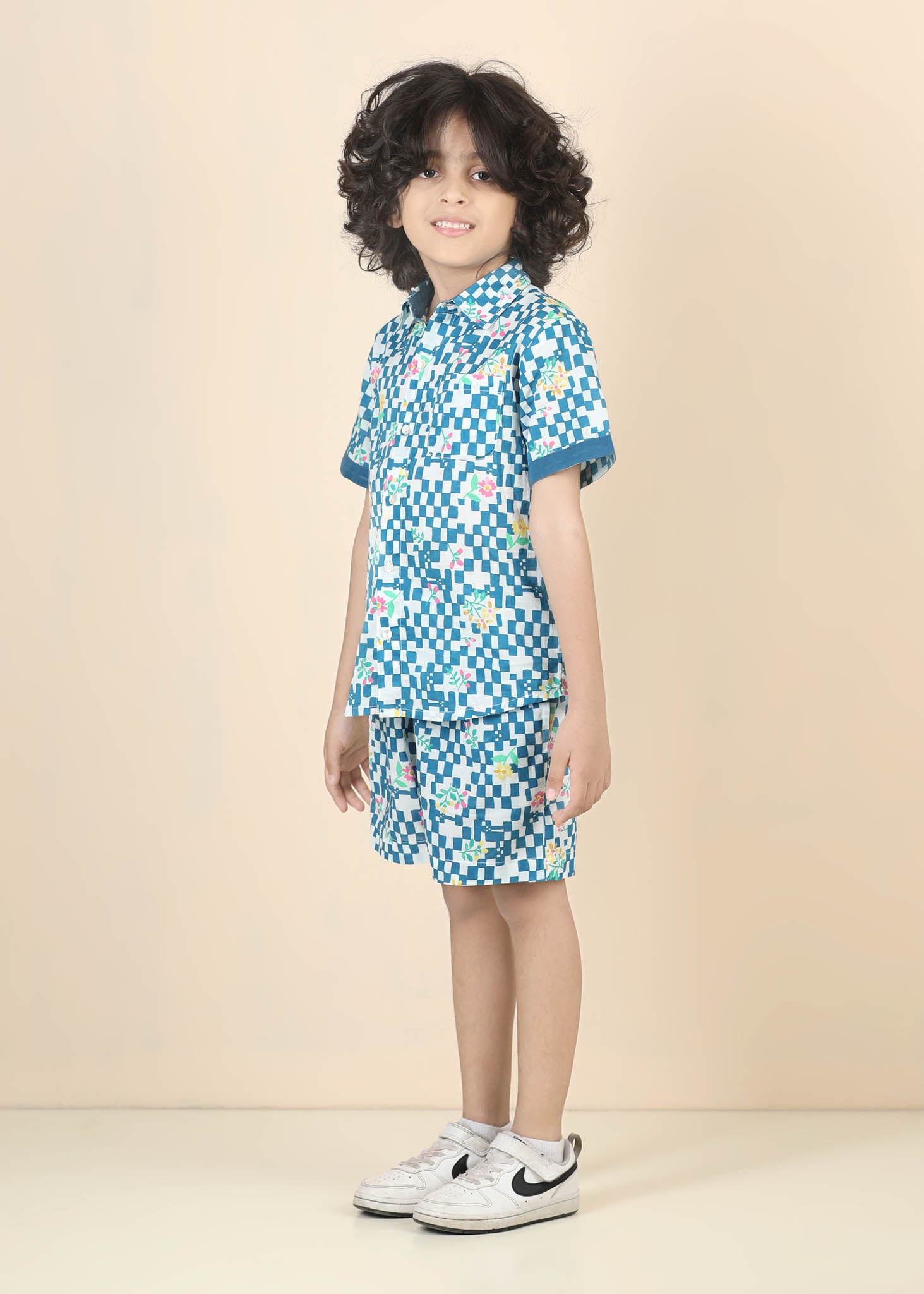 Flower Grid Cotton Shorts – Blue (6M–12 Yrs)