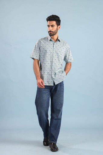 Floral Buti Cotton Shirt – Blue
