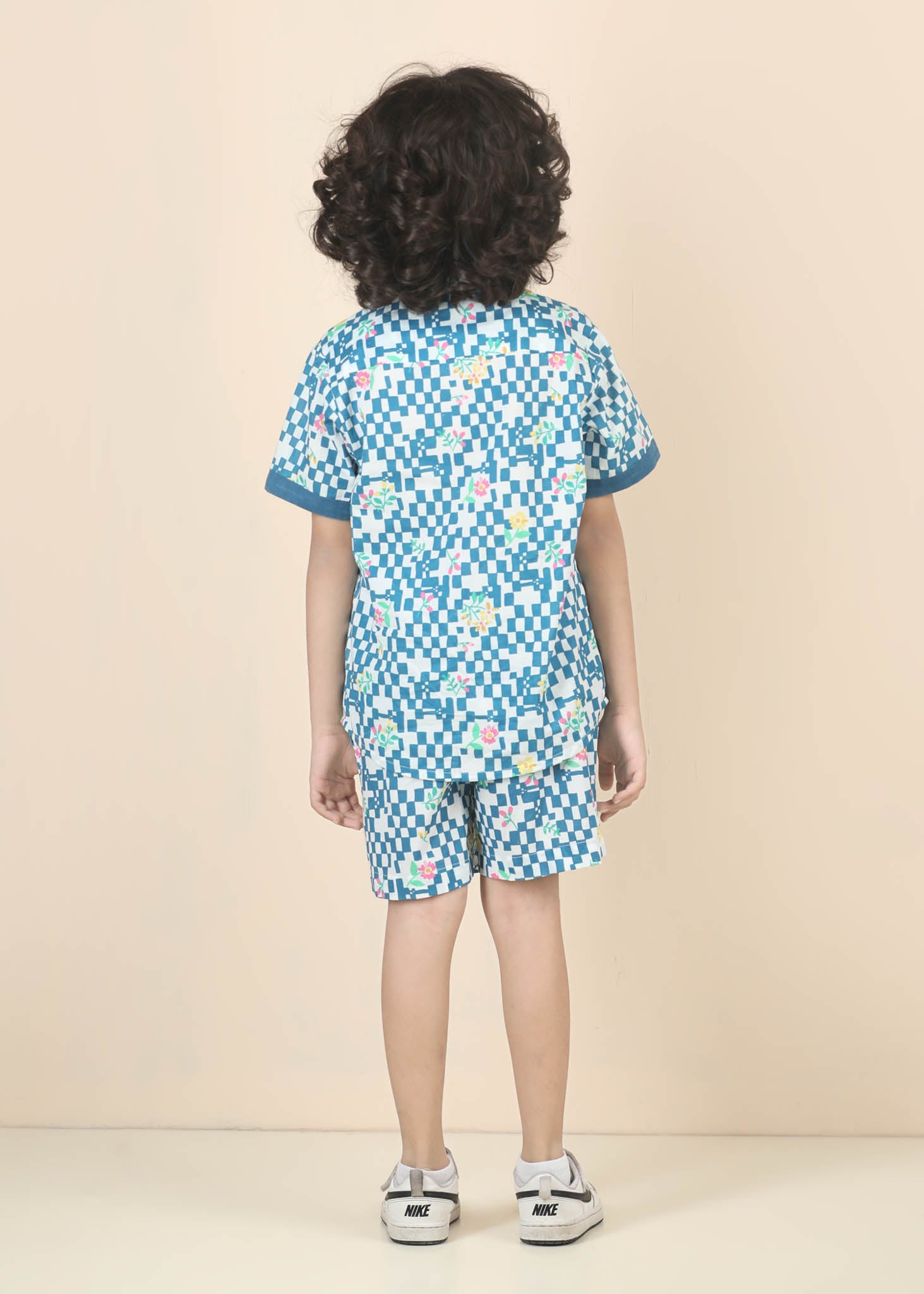Flower Grid Cotton Shorts – Blue (6M–12 Yrs)