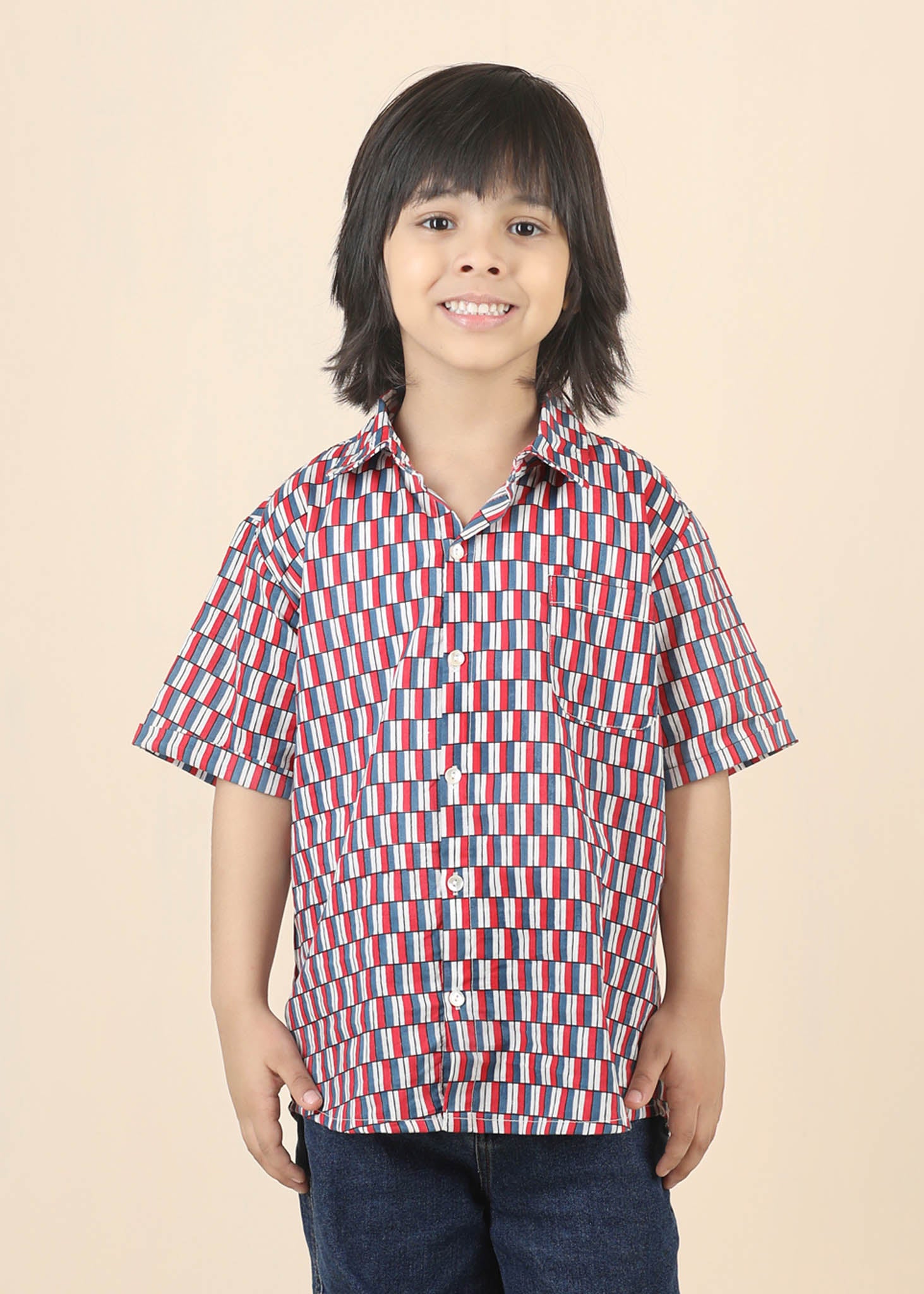 Half Sleeve Cotton Shirt – Blue/Red (6M–12 Yrs)