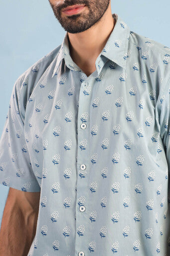 Floral Buti Cotton Shirt – Blue