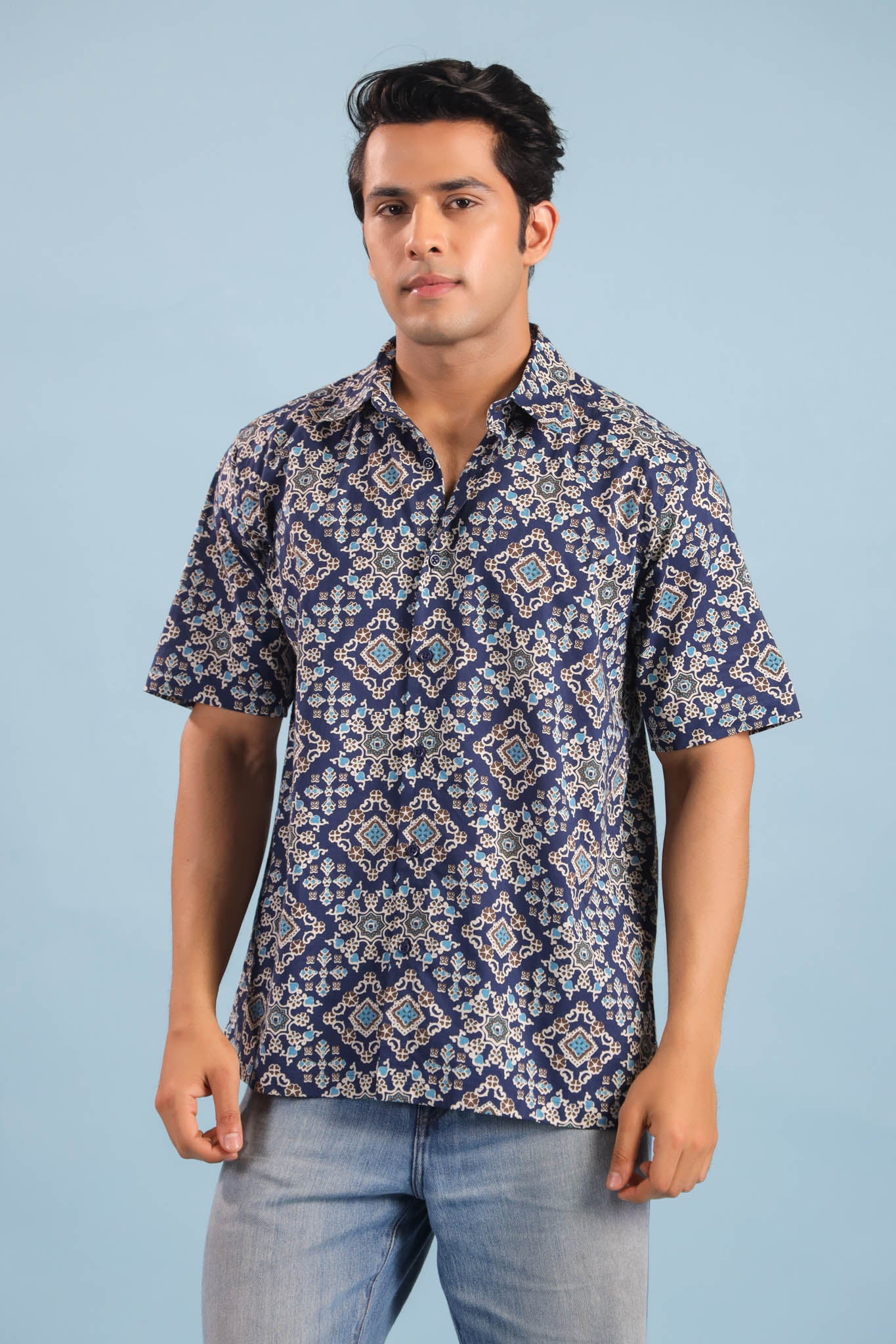 Geometric Print Cotton Shirt – Blue