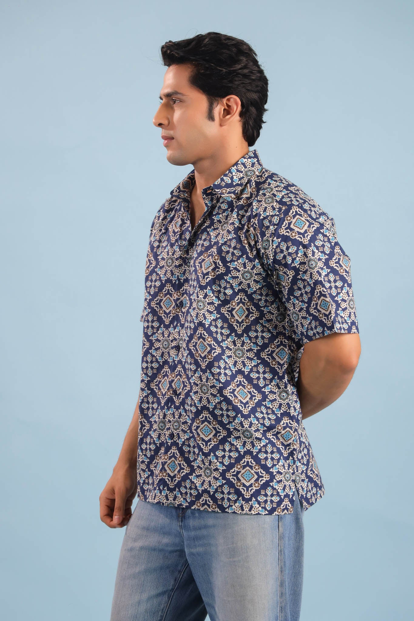 Geometric Print Cotton Shirt – Blue