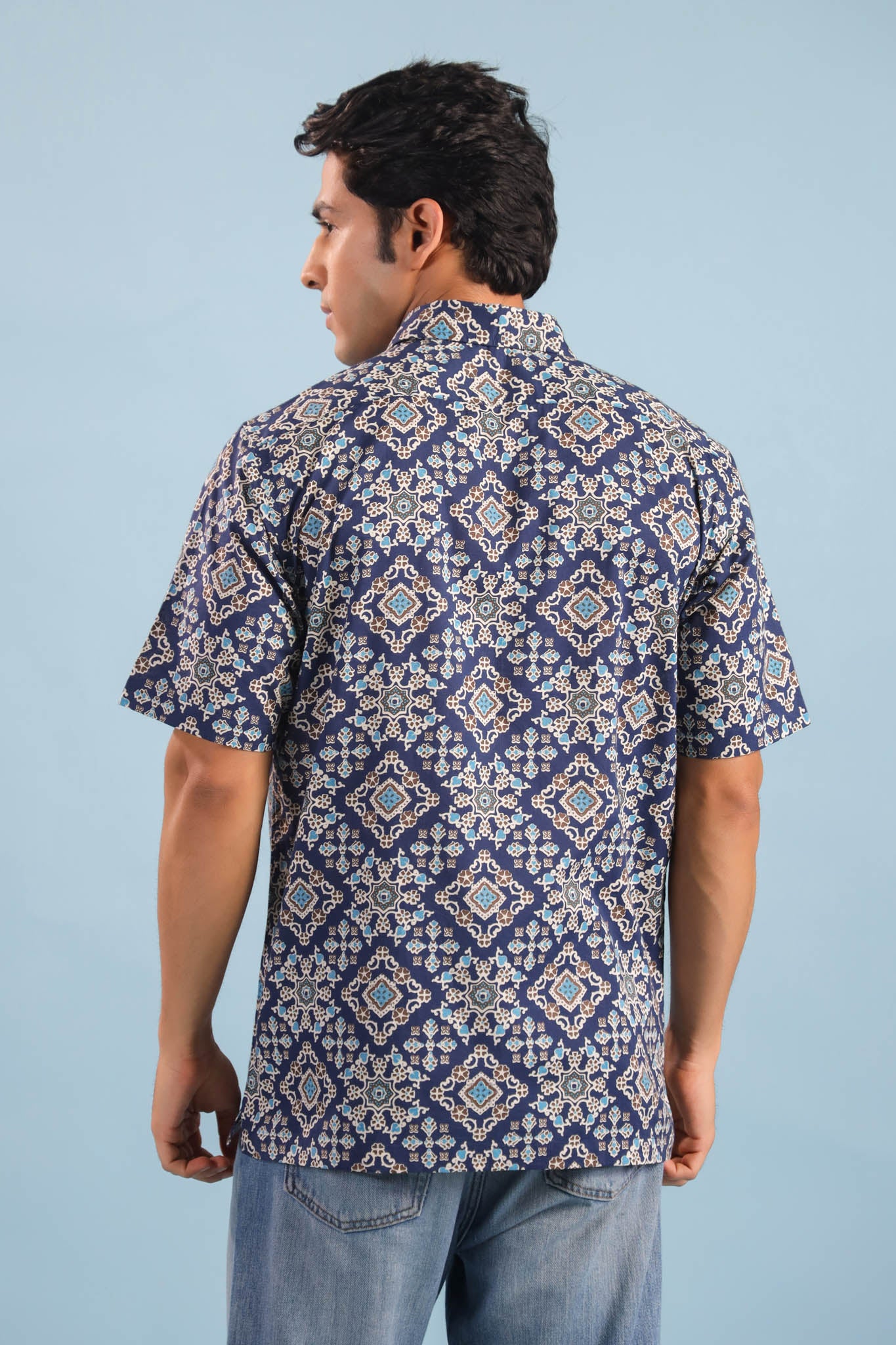 Geometric Print Cotton Shirt – Blue