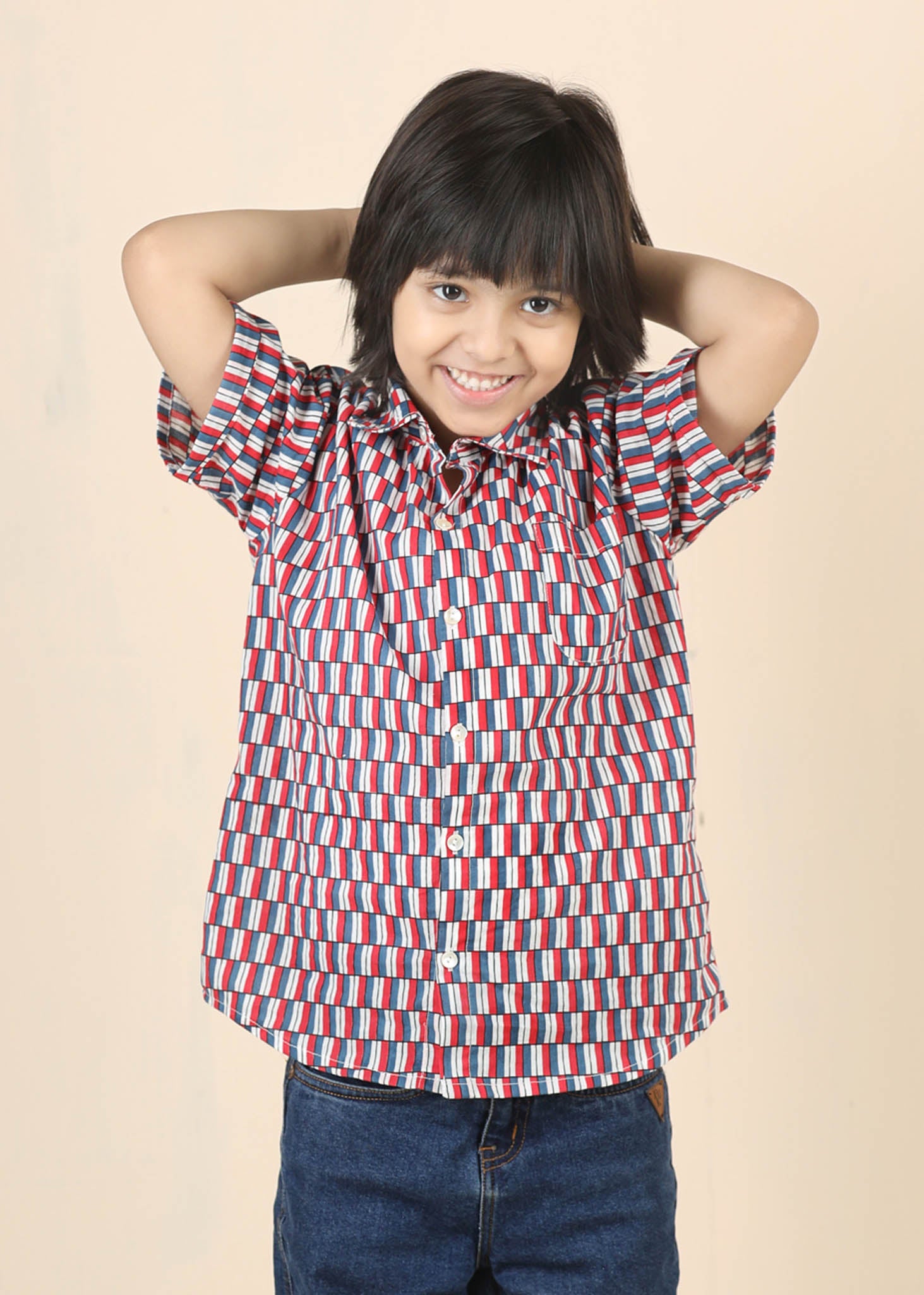 Half Sleeve Cotton Shirt – Blue/Red (6M–12 Yrs)