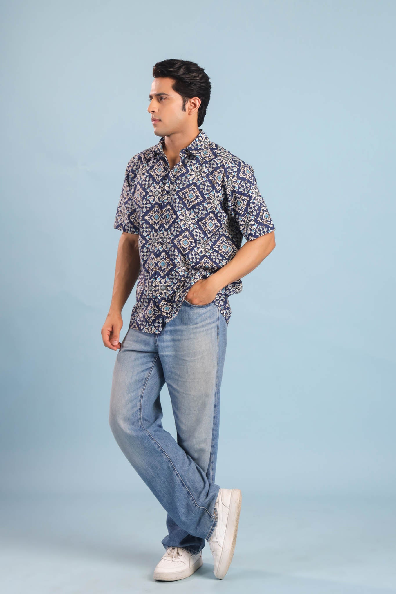 Geometric Print Cotton Shirt – Blue
