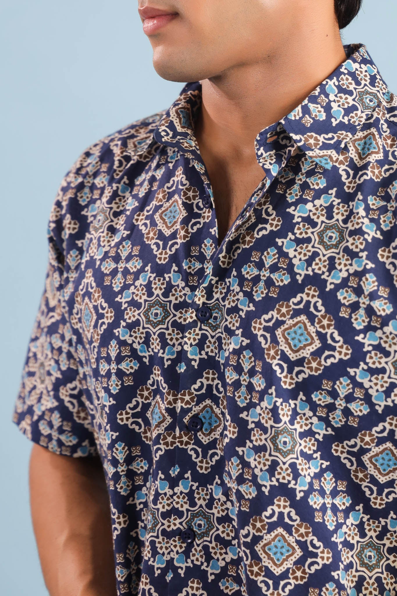 Geometric Print Cotton Shirt – Blue