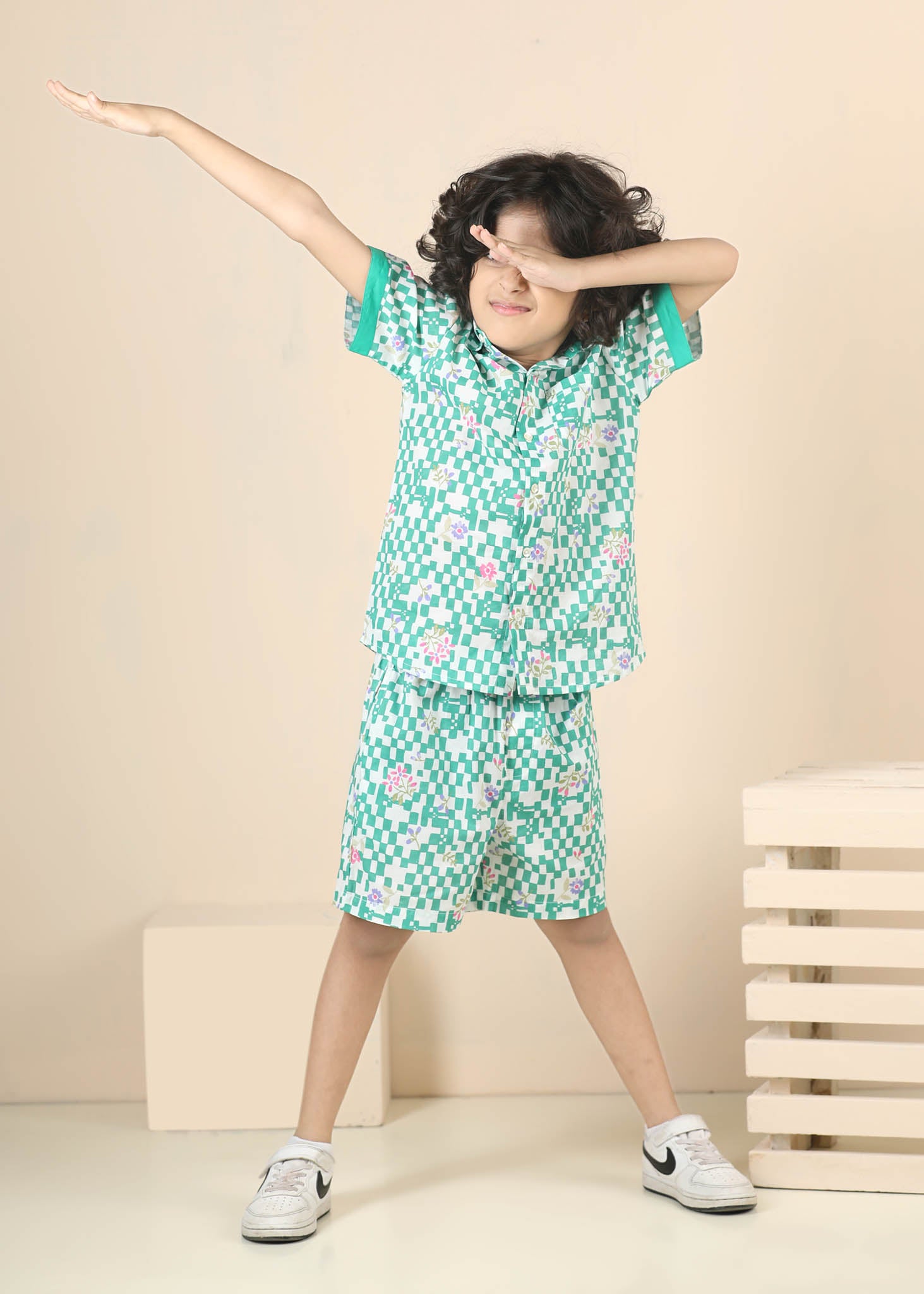 Flower Grid Cotton Shorts – Green (6M–12 Yrs)