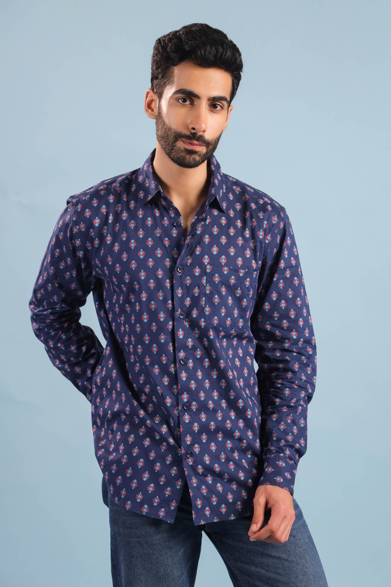 Neptune Buti Print Cotton Shirt – Blue