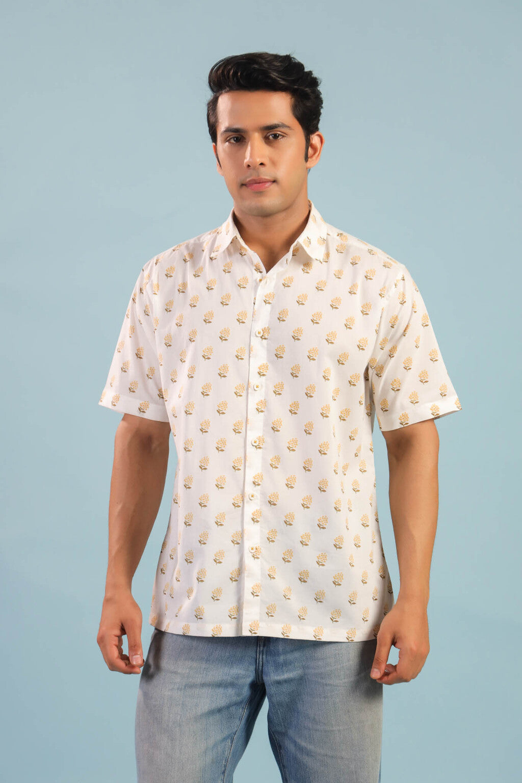 Floral Buti Cotton Shirt – Creme/Yellow