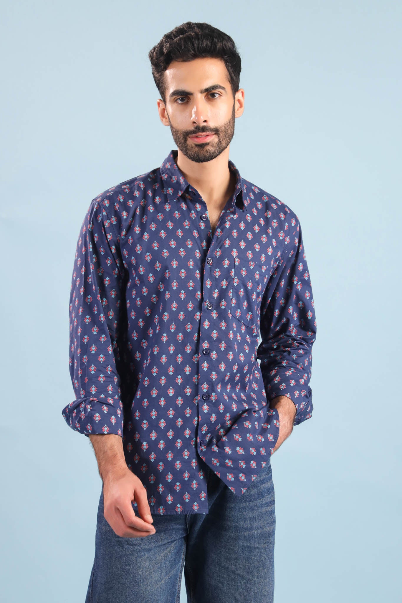 Neptune Buti Print Cotton Shirt – Blue
