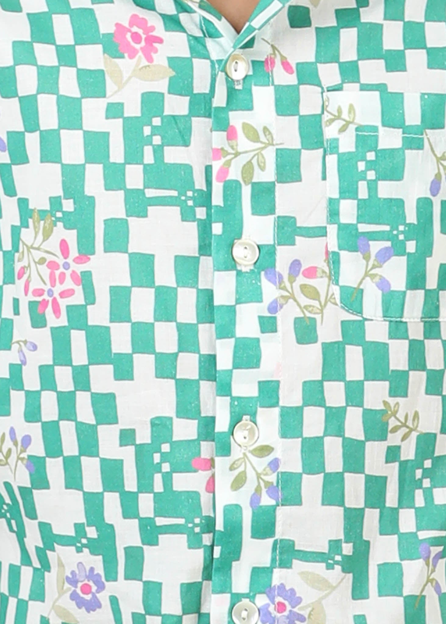 Flower Grid Cotton Shirt – Green (6M–12 Yrs)