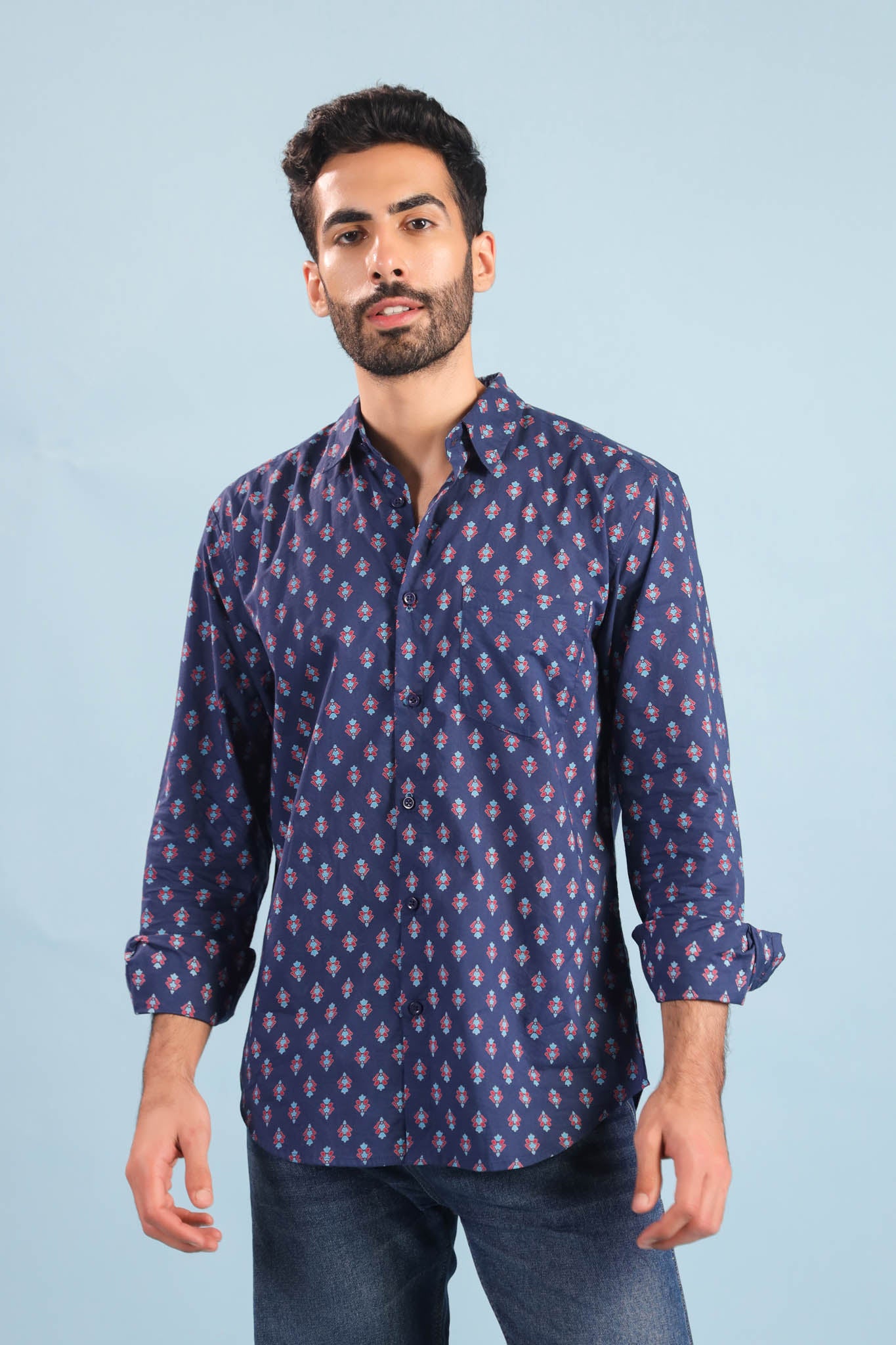 Neptune Buti Print Cotton Shirt – Blue