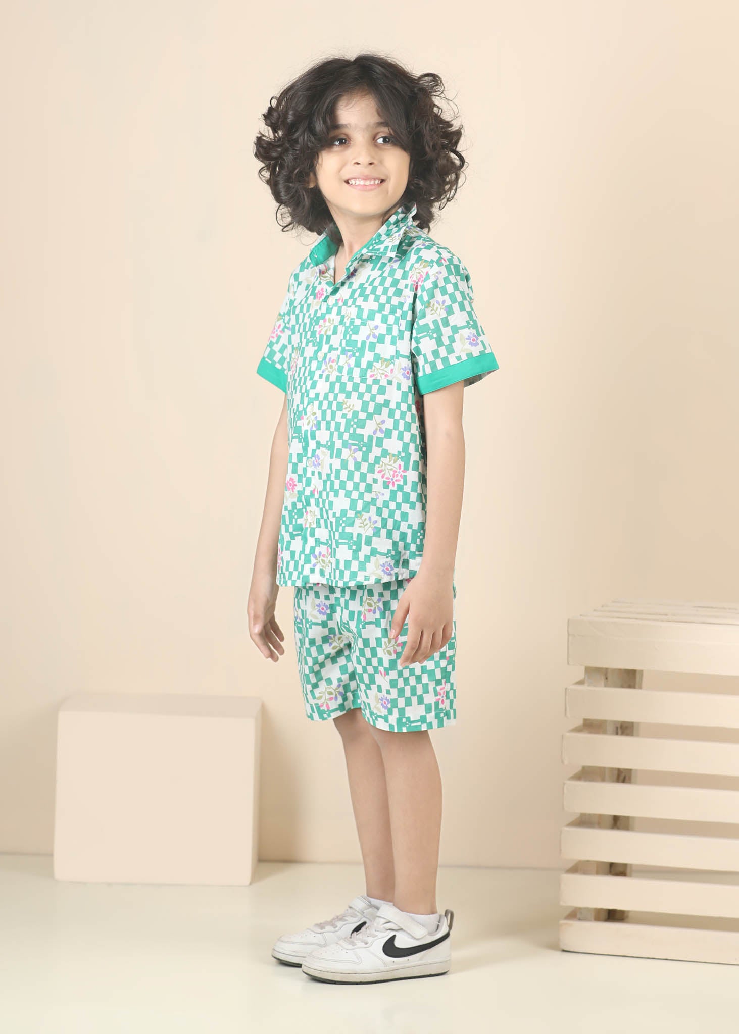 Flower Grid Cotton Shirt – Green (6M–12 Yrs)