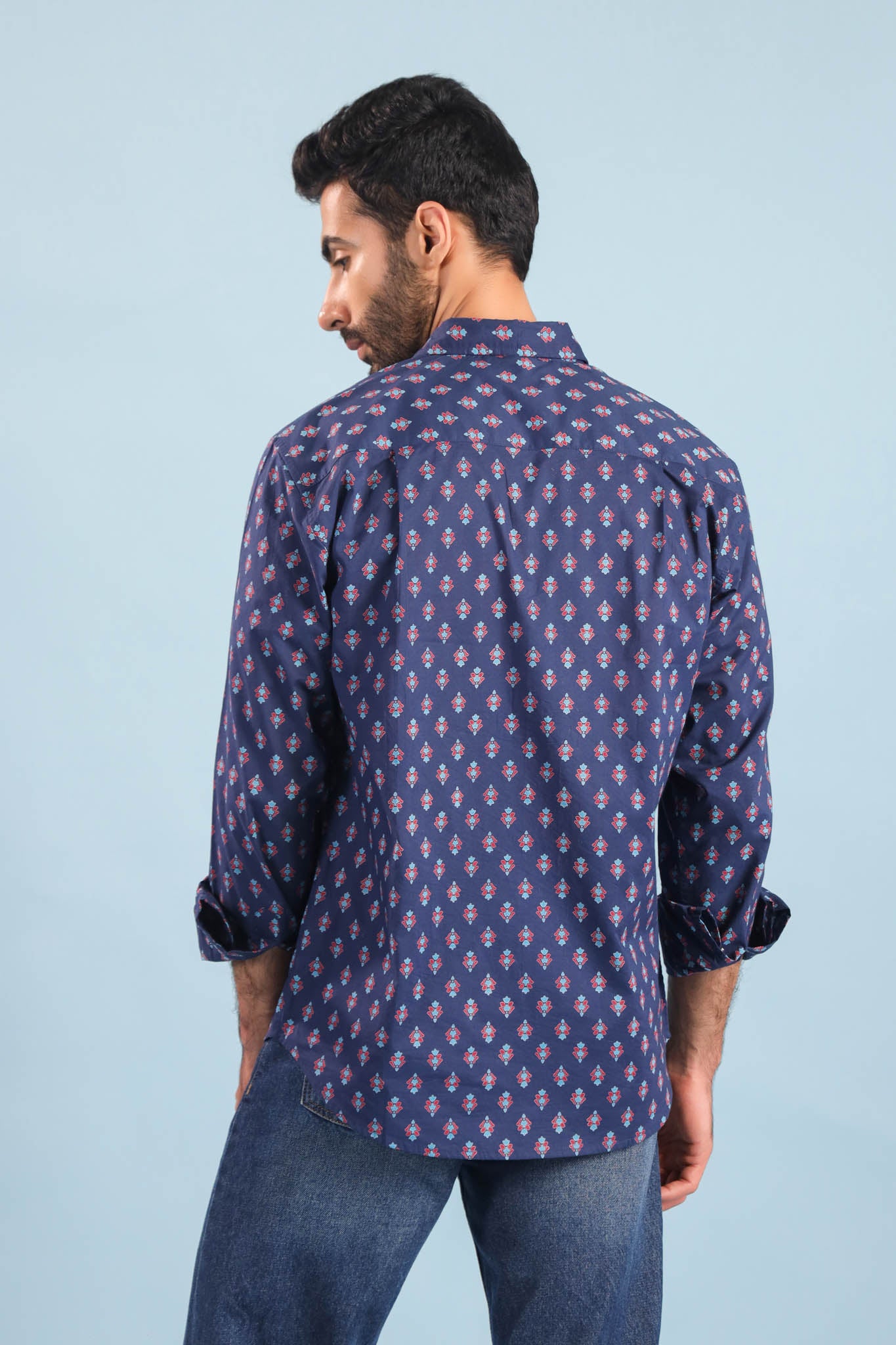 Neptune Buti Print Cotton Shirt – Blue