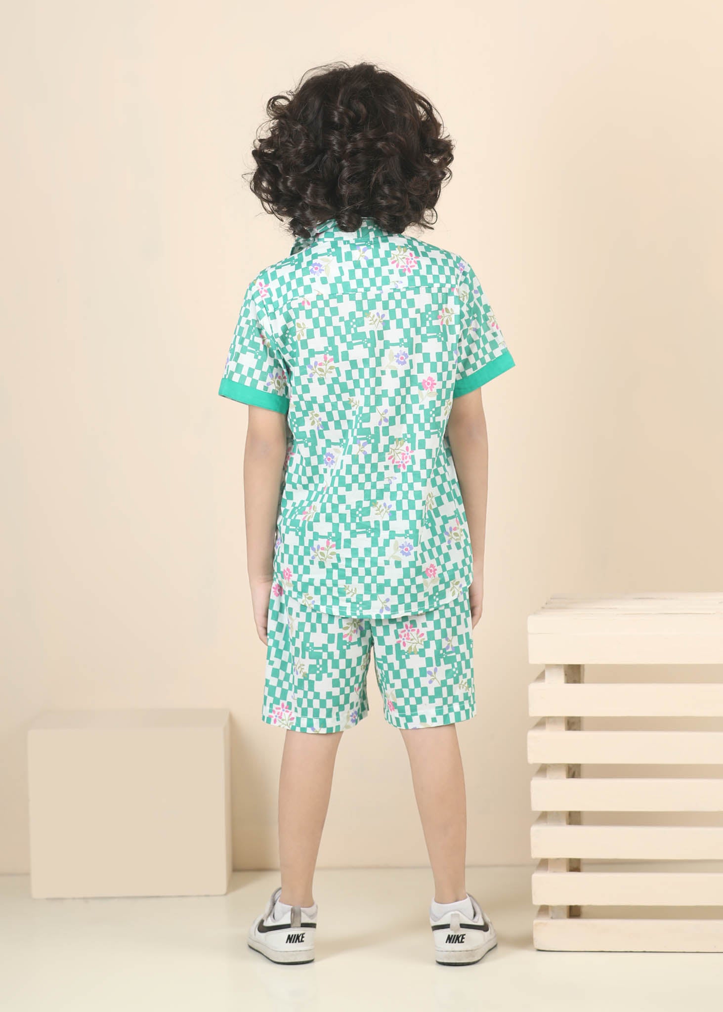 Flower Grid Cotton Shorts – Green (6M–12 Yrs)