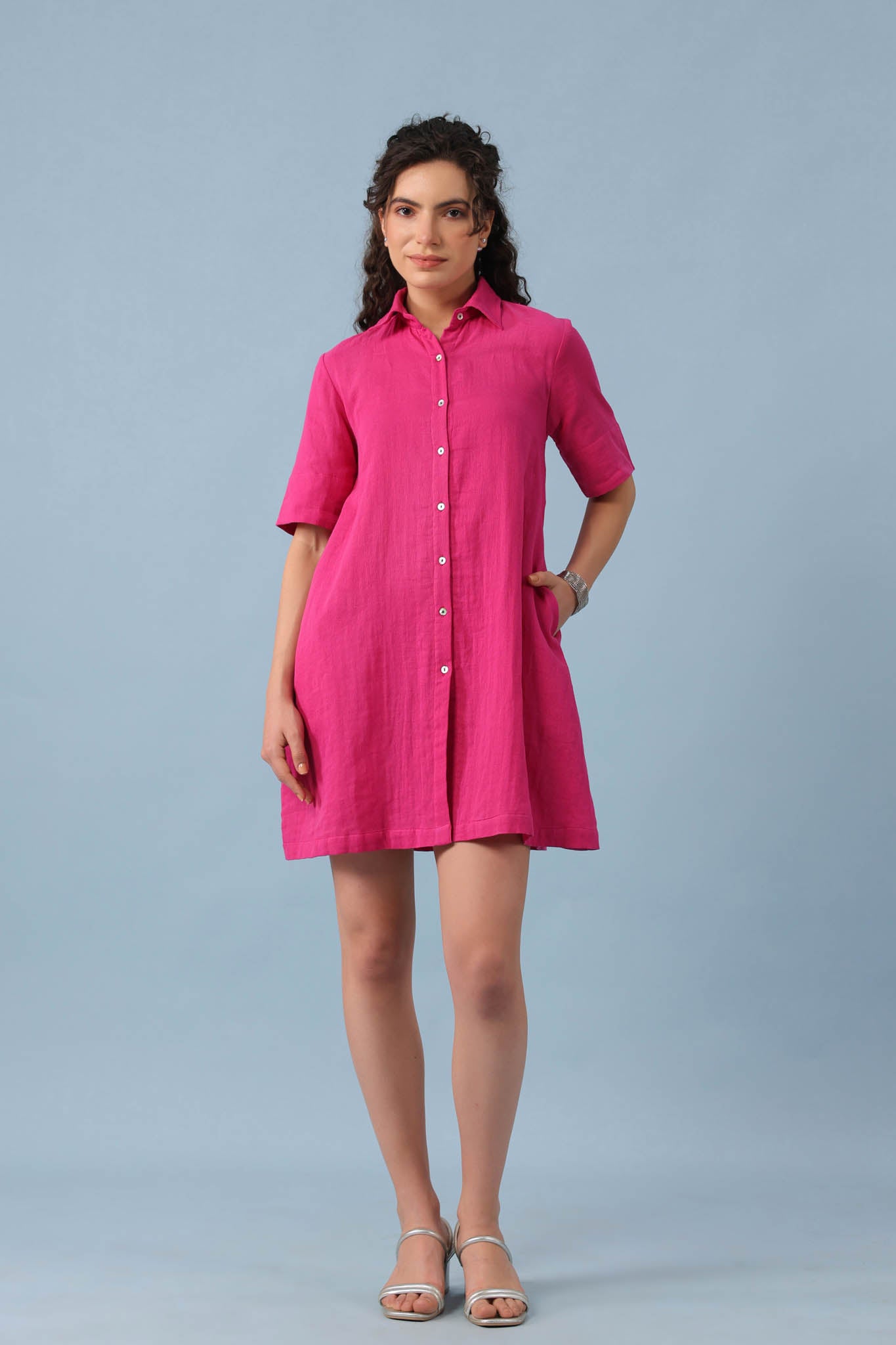 Midi Shirt Dress- Fuchsia