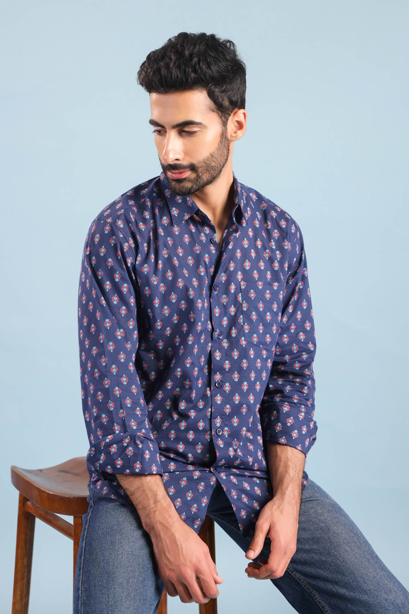 Neptune Buti Print Cotton Shirt – Blue